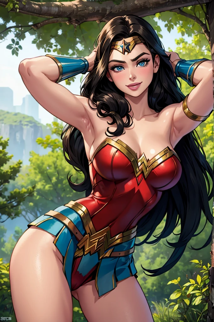 best quality, masterpiece, photorealistic, ultrarealistic, professional photograph shot on Canon EOS R6, 80mm, 1girl, (beautiful 24 yo moroccan girl), wearing a red bioluminescent dress, standing in a lake, submerged up to her knees, in front of a waterfall, romantic, head resting on hands, solo, detailed eyes, upper body, sad face, beautiful, looking at viewer, strapless, (art nouveau style), green vines, green leaves, nature theme, flowers, embarrassed, cleavage, (nighttime, dark theme), magical autumn forest, autumn theme, (red butterflies:1.15), red magical particles, fantasy, blood moon BREAK (dark brown hair, wavy hair, long hair:1.2), dark skin, african, pronounced blush , smirk, sultry look, seductive,
longeyelashes, smirk, sultry look, seductive,