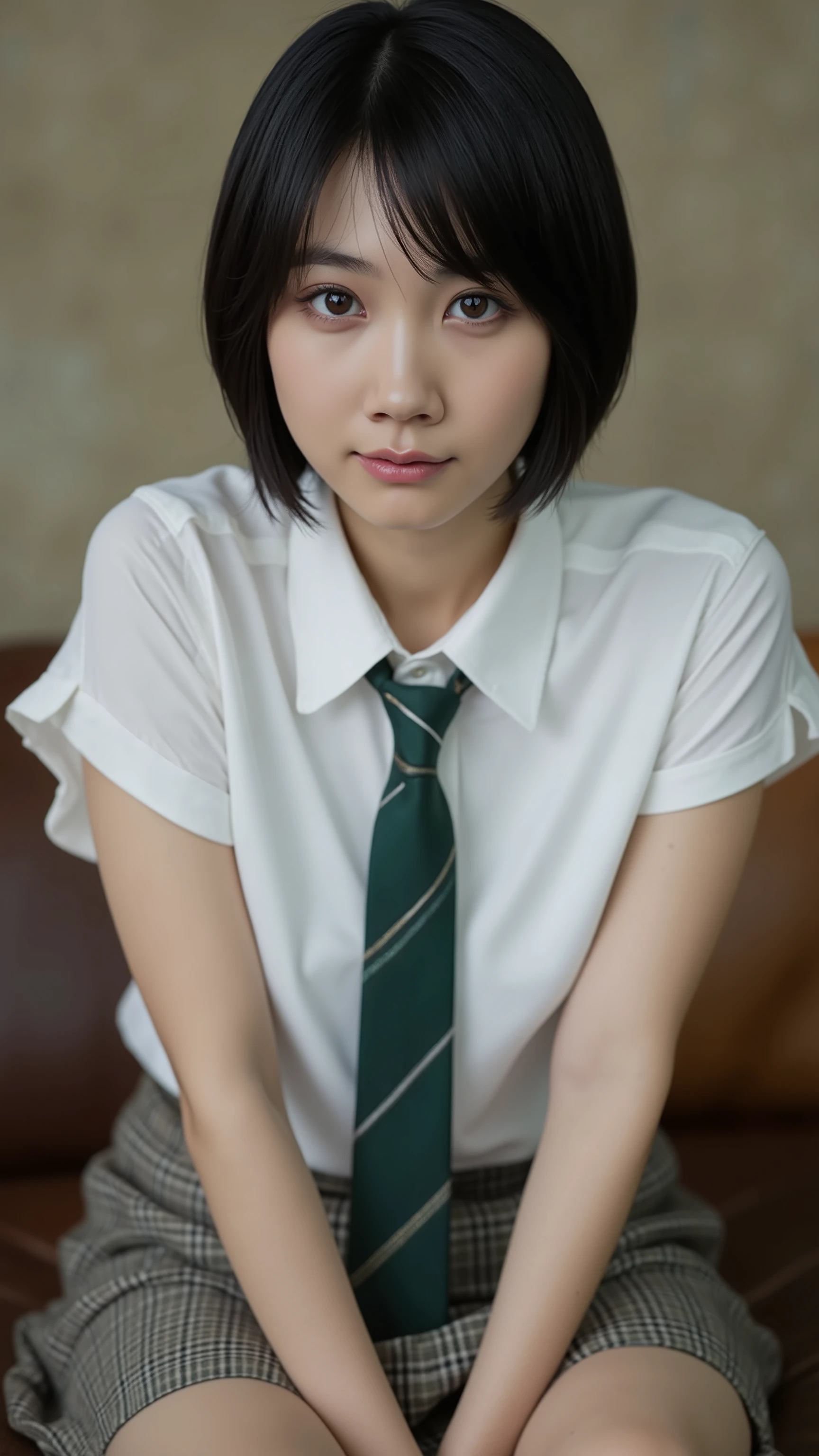A high resolution photograph of a Japanese young actress, (realistic, photo-realistic:1.37), (masterpiece,highest quality:1.2), RAW Photo, 8k, cinematic lighting, portrait, solo, 1girl, slender body, small breasts, dark hair, (short hair, bangs),
detailed face, detailed eyes, beautiful pupils, sophisticated nose, pale skin, smile,
(white collared shirt, green tie, short sleeve, plaid skirt, thighs:1.4),
complete anatomy, photo background, indoors,
