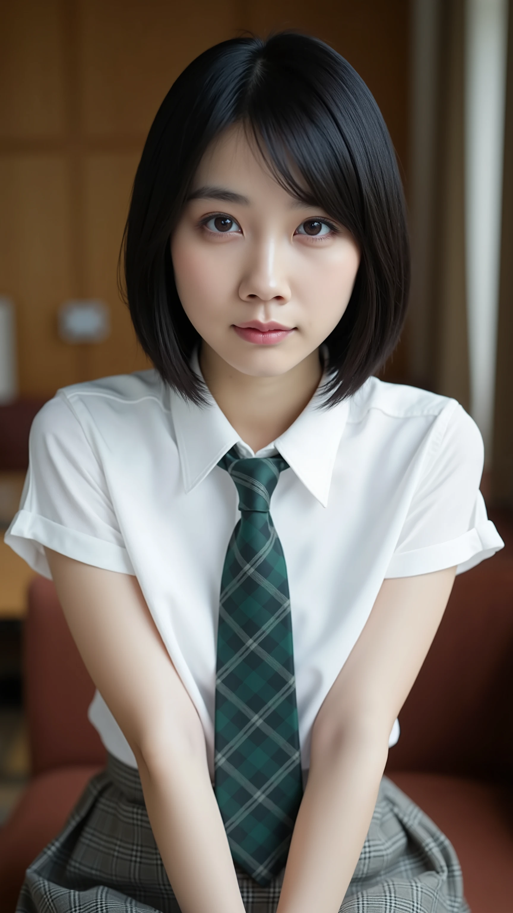 A high resolution photograph of a Japanese young actress, (realistic, photo-realistic:1.37), (masterpiece,highest quality:1.2), RAW Photo, 8k, cinematic lighting, portrait, solo, 1girl, slender body, small breasts, dark hair, (short hair, bangs),
detailed face, detailed eyes, beautiful pupils, sophisticated nose, pale skin, smile,
(white collared shirt, green tie, short sleeve, plaid skirt, thighs:1.4),
complete anatomy, photo background, indoors,