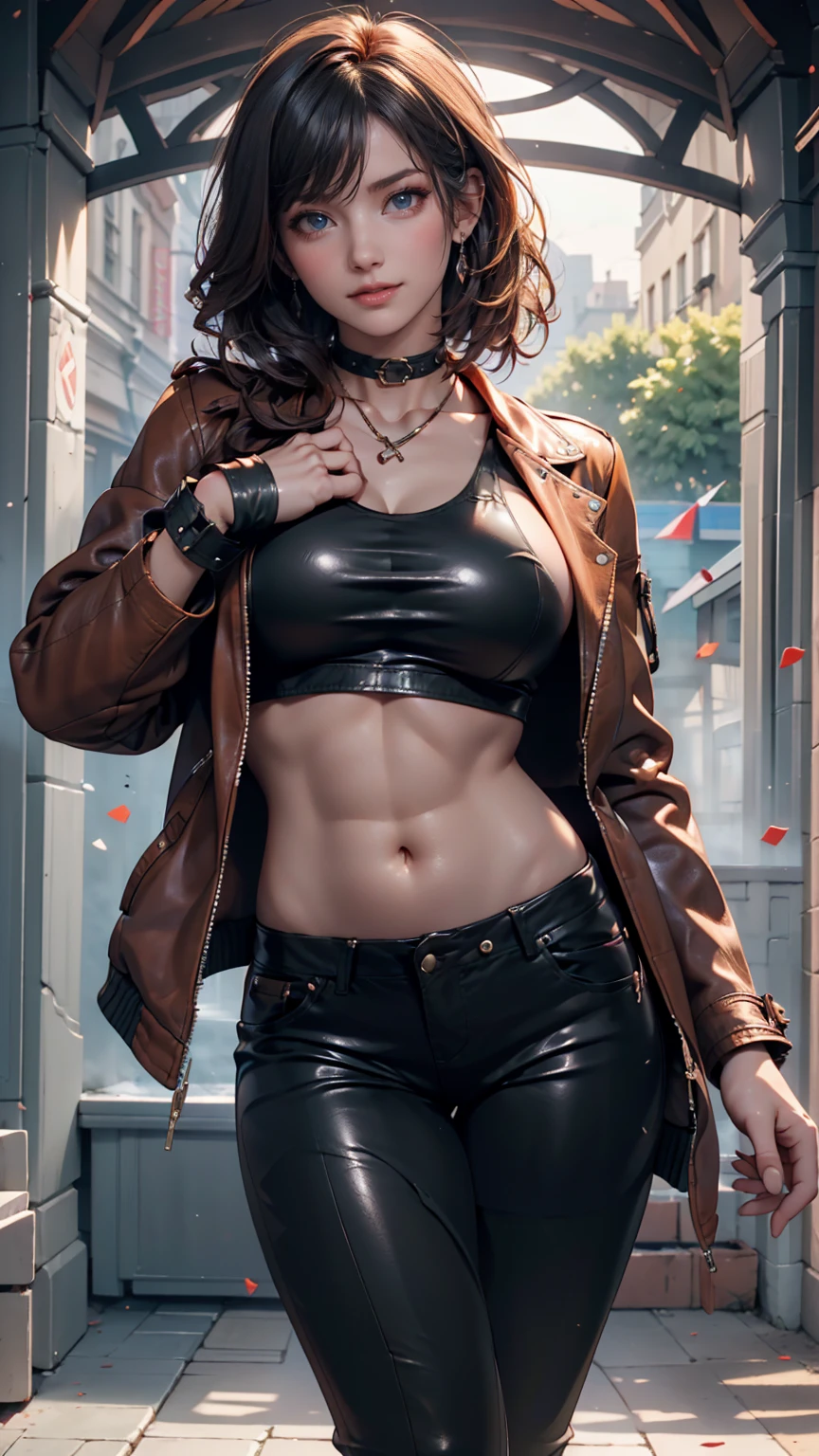 8k, Best Quality, (Beauty), High Definition, Realistic, Real Person, Beautiful Woman With Medium Hair, Hat, Short Clothes in Cyberpunk Style, Short Enough to Reveal Your Stomach