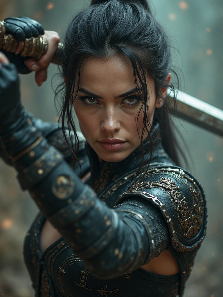 chest, 　Warrior　sword　Japanese women　pupil　sexy　slowly
