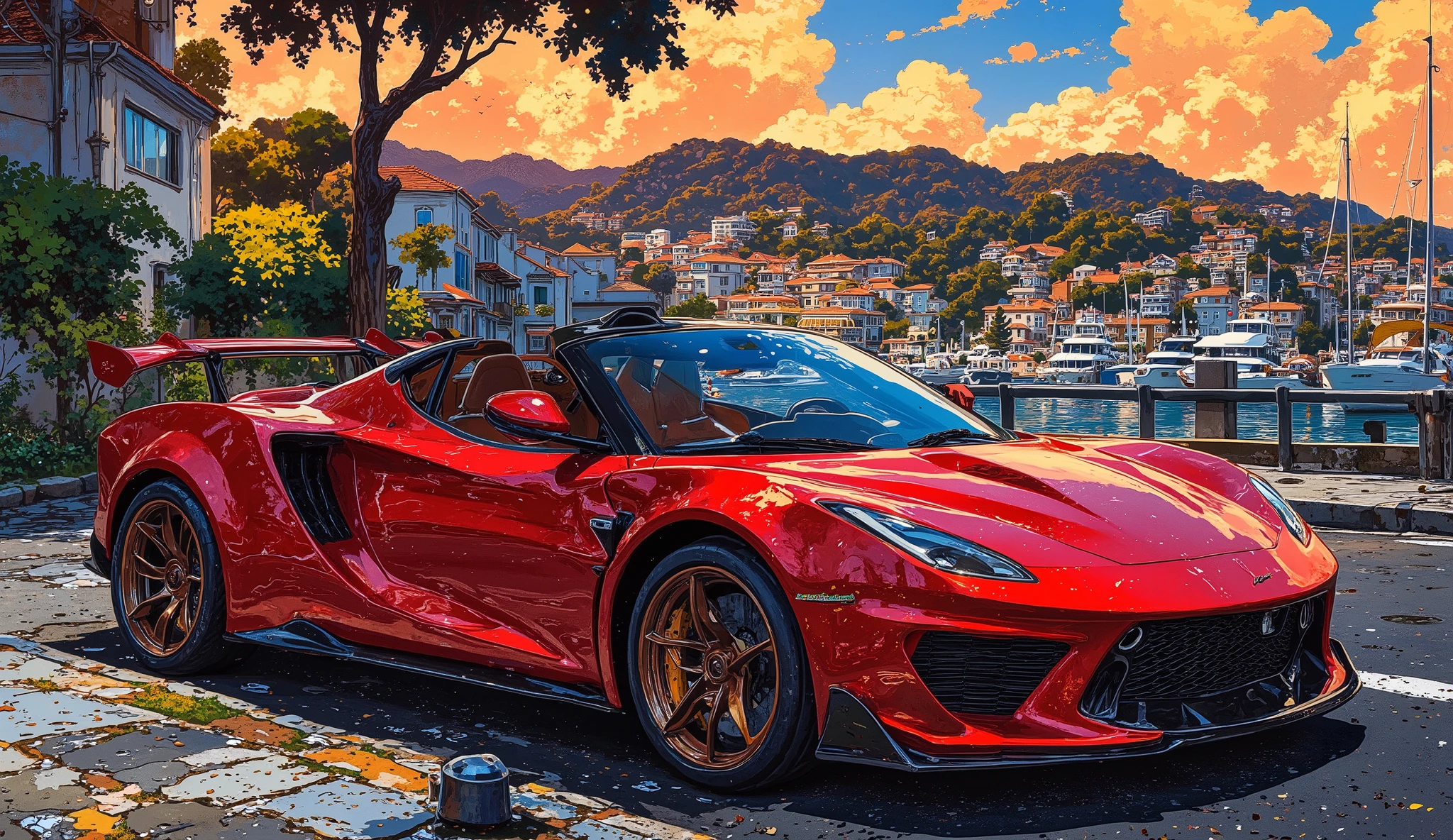 A handcrafted Italian hypercar sits elegantly on the streets of Monaco, its sculpted carbon-fiber body glistening under the warm Mediterranean sun. The hypercar’s deep crimson paint shimmers with a pearlescent glow, accentuating its aggressive yet graceful curves. Delicate gold engravings trace along the interior, highlighting the precision craftsmanship of its custom leather and Alcantara cockpit.
Through the transparent engine cover, a roaring naturally aspirated V16 is visible, its golden exhaust manifold glowing faintly from the heat. Razor-sharp LED headlights pierce through the soft evening haze, while its lightweight titanium wheels, wrapped in ultra-low-profile tires, reflect the neon city lights. The hypercar’s butterfly doors are slightly ajar, revealing an advanced digital cockpit with holographic speedometers and a diamond-encrusted gear selector.
In the background, Monaco’s shimmering coastline stretches toward the horizon, with luxurious yachts docked in the harbor. The distant hum of high-performance engines and soft ocean waves blend into an atmosphere of exclusivity and speed. As the sun sets, the hypercar’s active aerodynamics subtly shift, preparing for another breathtaking drive along the winding roads of the French Riviera