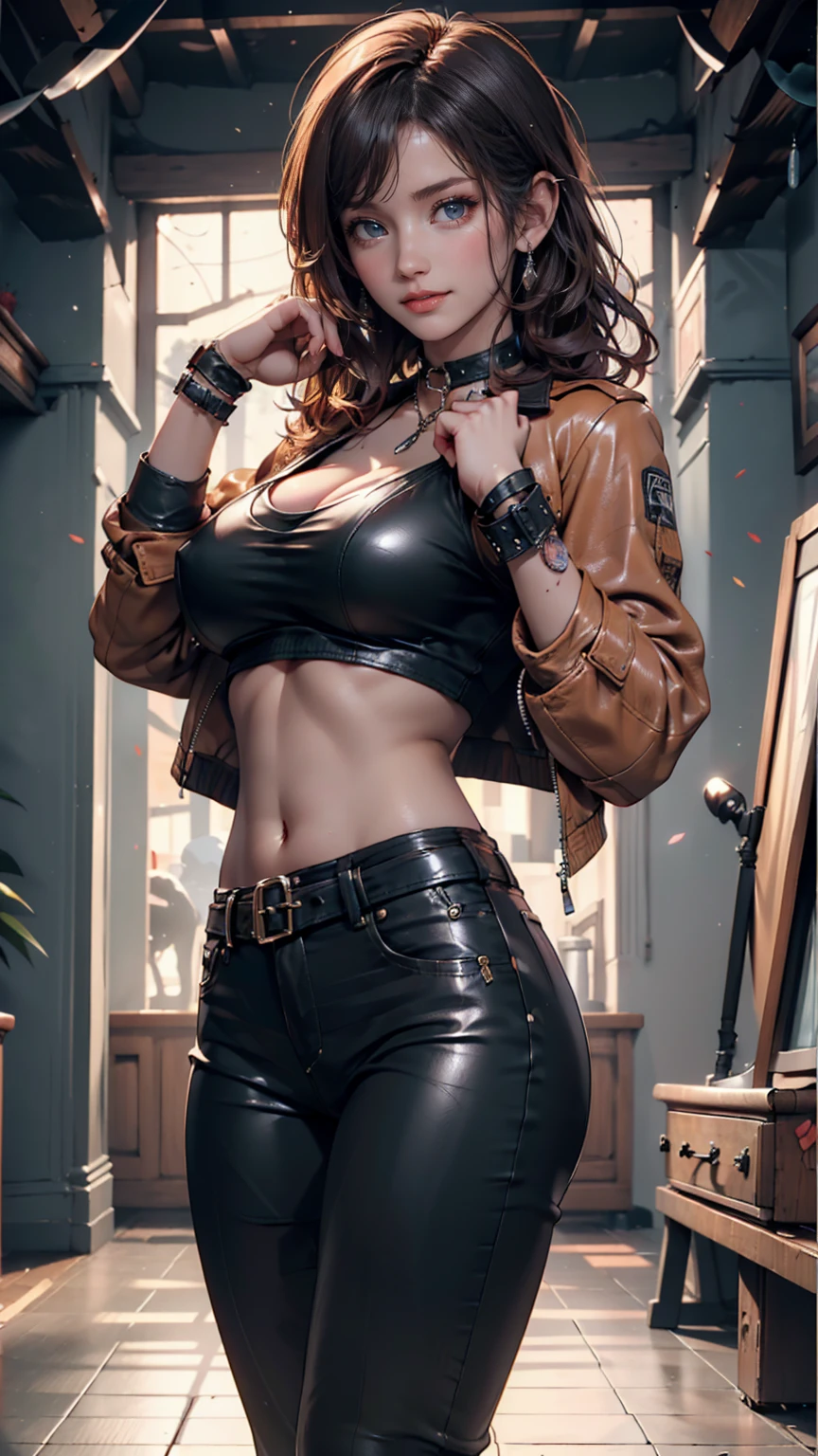 "Steampunk mechanic girl, edgy leather attire, baring midriff, industrial aesthetics, grungy workshop"