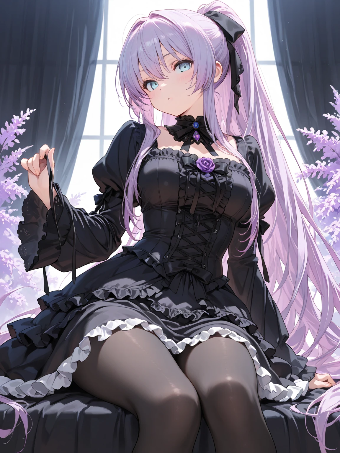 masterpiece, best quality, extremely detailed 8K wallpaper, 1girl, outdoors, Helena(Azur lane),strapless dress, dress, layered dress,white flower, hair ornament, purple eyes, (choker), outline, (black gloves), bare legs,