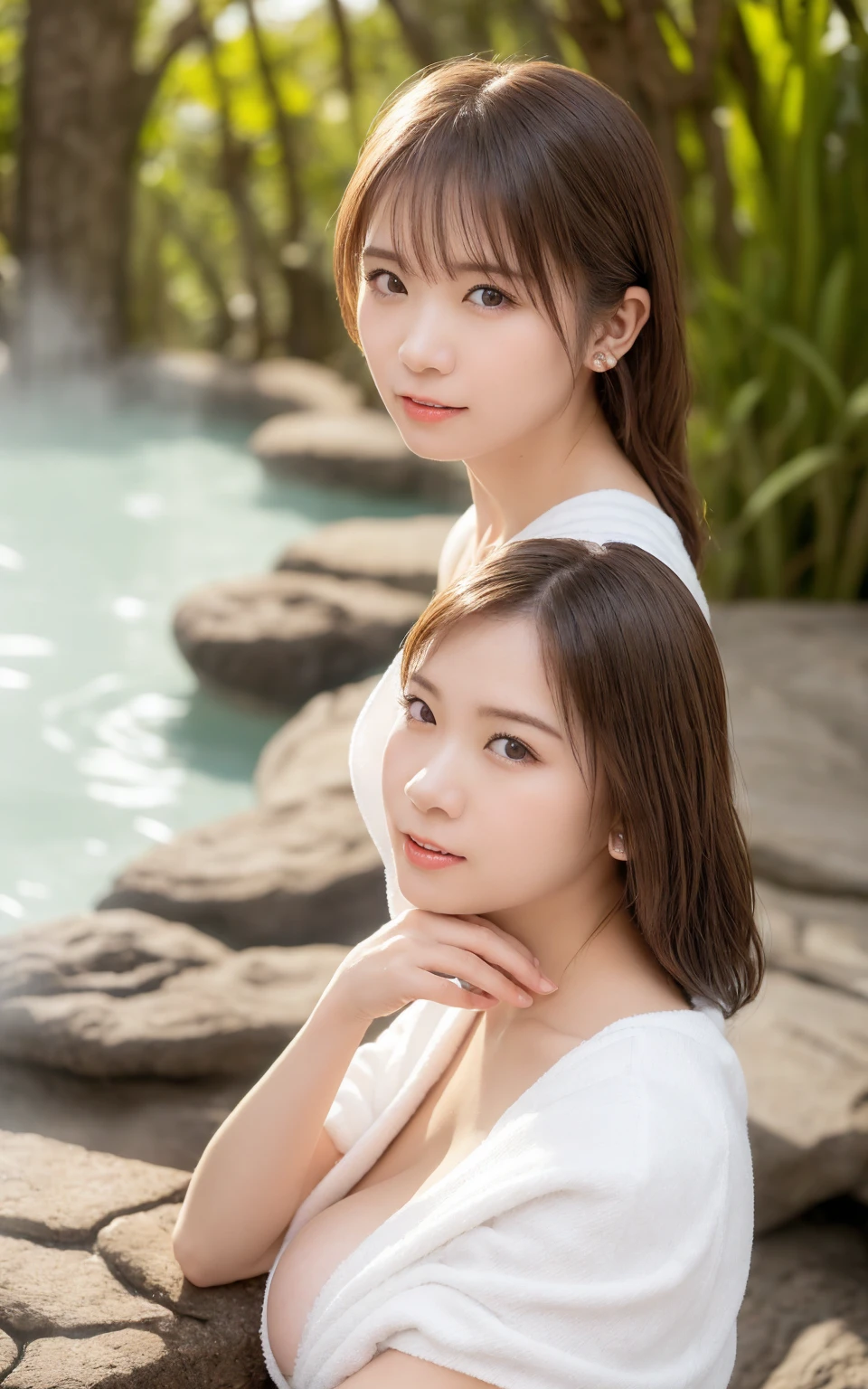 pieces fly, highest quality, ((highest quality、8K、masterpiece:1.3))、ultra high resolution、Physically based rendering、(realistic:1.37)、完璧な体の美しいtwo women:1.4、slim abdomen:1.2、Highly detailed face and skin texture、 red cheeks、white skin、thin waist,thin legs、highest quality,Super detailed,masterpiece,very beautiful 12 year old girl, (cute:1.2),perfect shiny skin,perfect skin,((Accurate hand without discomfort)), (brown hair),(short bob hair),(((lower body nude)))、((Long-sleeved white knit sweater with open neckline))、smile、((Valley overlooking the waterfall))、(((No panties)))、(((I can see pubic hair)))、(((two women)))