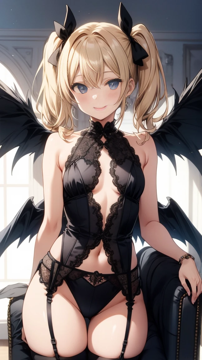 masterpiece, best quality, ((Best Quality)), ((Masterpiece)), (detailed), perfect faces, blonde hair, large breast, sexy, nude, naked, nipple, cum in pussy, breast milk, dark wings, sexy, bed, black wings, (((blue bra))), (((blue lingerie))), (((blue underwear)))