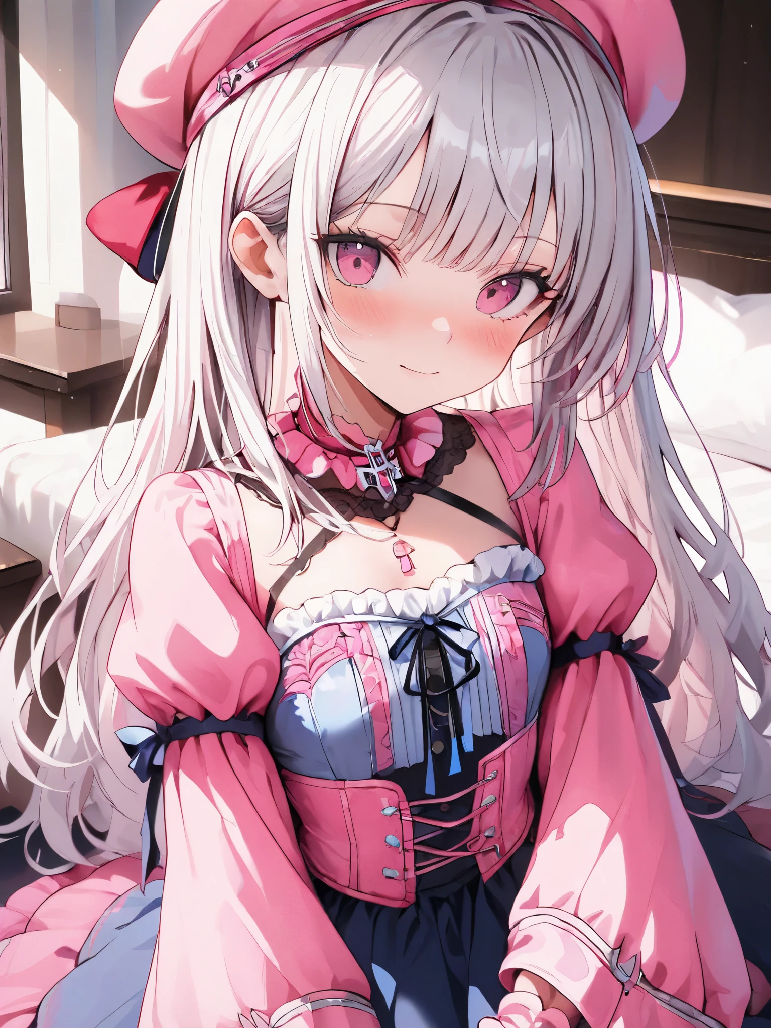 (masterpiece), (best quality), (ultra-detailed), (illustration), (an extremely delicate and beautiful), 1girl, solo, long hair, looking at viewer, smile, bangs, red eyes, dress, bow, animal ears, yellow eyes, pink hair, braid, white hair, multicolored hair, hairband, cat ears, collar, two-tone hair, heterochromia, slit pupils, pink dress