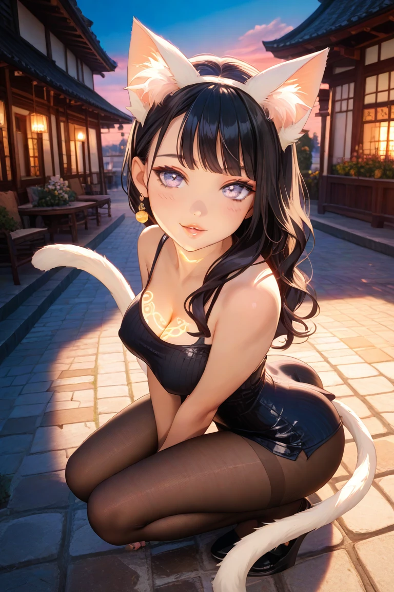 A woman in a black cat costume，Lean against the wall，Close-up of posing, Anime girl cosplay, seductive anime girls, Japanese goddess, Anime girl in real life,beautiful alluring anime teen, ultrarealistic sweet bunny girl, With long black hair, Realistic young gravure idol, Asian girl, the anime girl is crouching，The chest is large，Sweet，