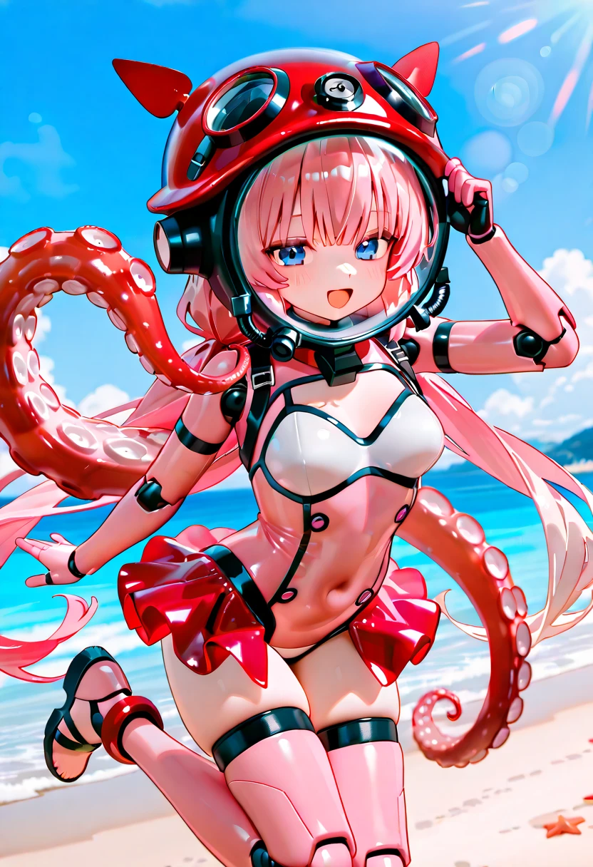 best quality, super fine, 16k, 2.5D, delicate and dynamic depiction, mechanical cyborg with fully mechanical body, hair made of chains and illuminated cable, deck chairs, beach umbrellas, beautiful white sand beaches, transparent, translucent, iridescent glitter, ascii_art, BREAK , eyes flashing red, wearing red bikini