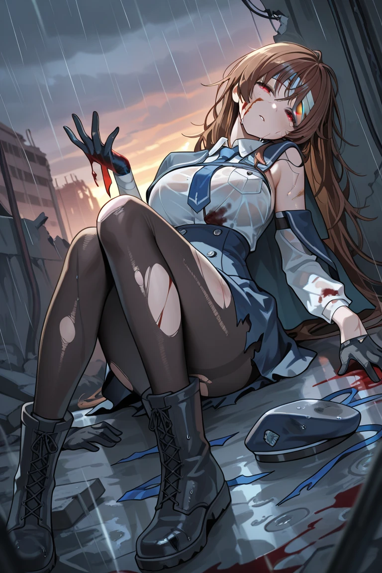 weird atmosphere, (best quality:1.1), (masterpiece:1.2), high quality shadow, beautiful detailed, (high detailed skin, skin details), (wide landscape, 8k), depth of field, highres, best illumination, (sexy), outdoors, blurry background, HD hair, beautiful face, perfect skin, red hair, long hair, (big breasts), blood particles, (night), sharp teeth, glowing red eyes,  blood on face, blood on clothes, blood splashing, female knight dying in the war fields, white dress,  leavage, stocking, high heels, kneel pose, close to viewer, gripping blue flame sword, in the grassland, foggy, wet body, wet hair, hair fluttering, bare shoulder, blue flame, explosion