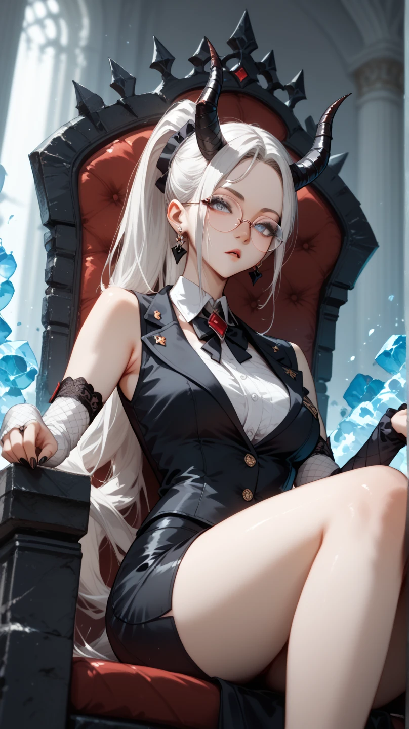 ((best quality)), ((masterpiece)), (detailed), perfect face a beautiful white-toned girl with black and silver hair wearing glasses and tight golden clothes, blue eyes, glossy skin. detailed skin, pink lips with a spear in hand a tiara on her head, full body sitting on a throne leaning forward in a castle showing  her beauty from the front angle