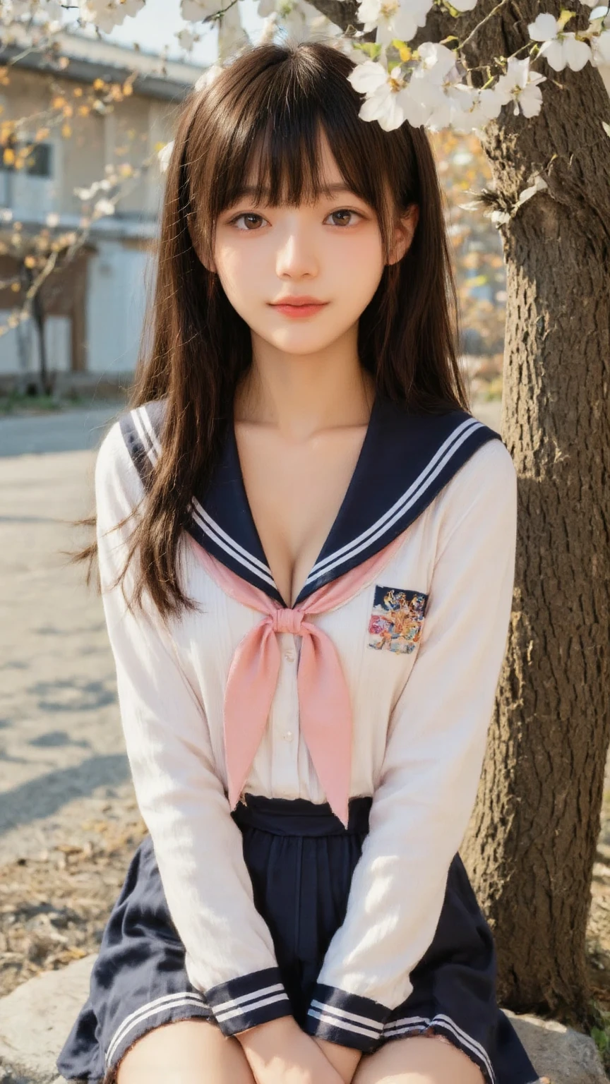 (1young girl), Amazing face and eyes, (amazingly beautiful girl), (Best Quality:1.4), (Ultra-detailed), (extremely detailed CG unified 8k wallpaper), Highly detailed, High-definition raw color photos, Professional Photography, sailor uniform, school uniform, School, Spring, cherry blossoms,