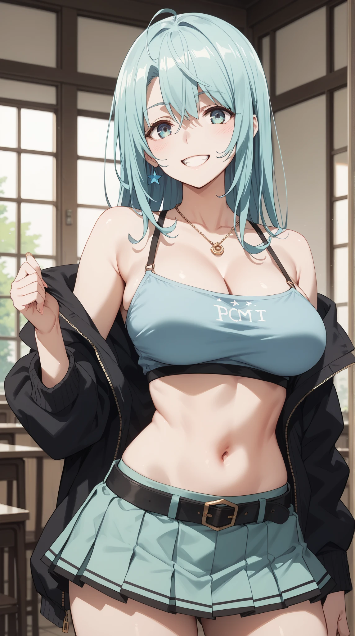 ubel,dark green hair,long hair,side ponytail,hair between eyes,bangs, BREAK (beret, black jacket, , cleavage, midriff, black shorts, black thighhighs, thigh strap, fingerless gloves, single glove:1.2), (double breasted,under bust:1.2),  sitting at a table, cute, anime visual of a cute girl, cute anime girl, eating cakes, young anime girl, guweiz, high quality anime artstyle, anime girl, artwork in the style of guweiz, beautiful anime girl, pretty anime girl, (anime girl), official artwork