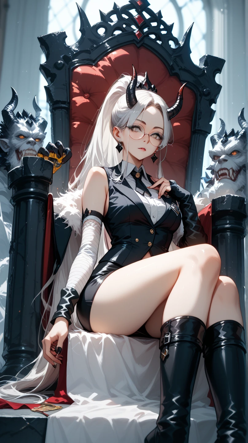 Masterpiece, best quality, 1girl, tiefling, warlock, long hair, white hair, glasses, earring, collar bone, navel, violet and teal clothing, whip, sexy, miniskirt, high heels, swarm of bats, red horns, looking at viewer, cloud, fullbody view, breast, thigh.