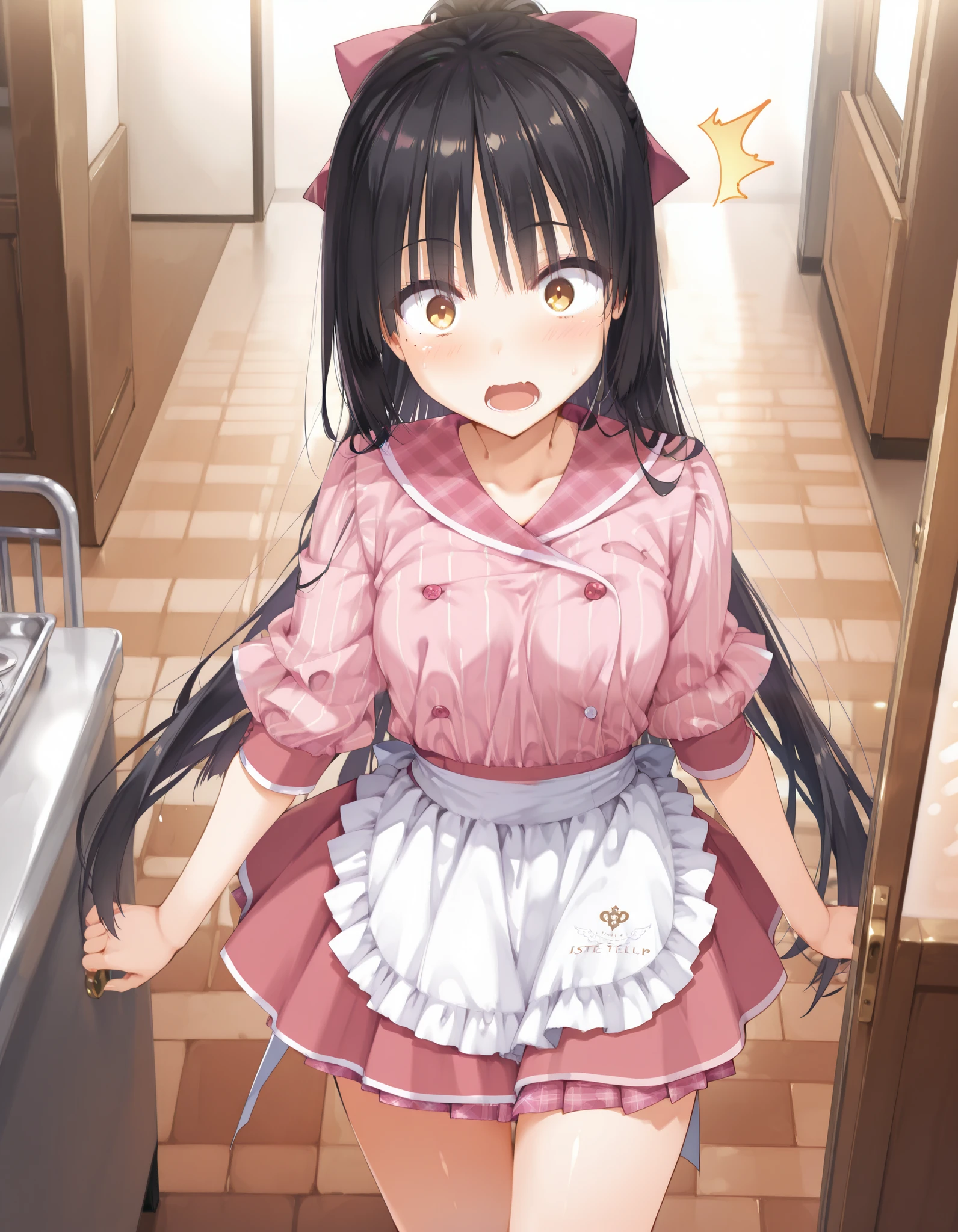 score_9, score_8_up, score_7_up,
shiki natsume, Cafe Stella to Shinigami no Chou, Muririn,
very long hair, black hair, hair bow, bangs, blunt ends, mole under eye,
waitress, pink shirt, striped shirt, vertical stripes, plaid sailor collar, Pink miniskirt, pleated skirt, pink plaid skirt, thighs, long sleeves, puffy sleeves, waist apron,
(blushes、 surprised:1.3)、open their mouths、
is standing、Cafe、from above、