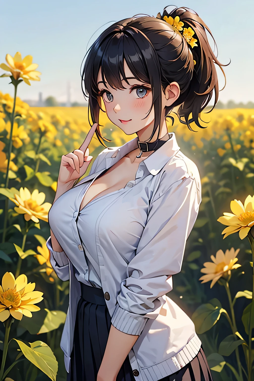 top quality、high definition、(high quality:1.3)、masterpiece、detailed background、very detailed face、detailed eyes、age beauty、(huge breasts:1.3)、(Normal number of fingers:1.3)、anatomically correct、perfect body line、Bright-colored hair、ponytail、Braided bob cut、A girl who feels the signs of spring、soft atmosphere that feels the arrival of spring、the spring breeze that suddenly blew Gently swaying the hem of her skirt、Still a little chilly morning、Plum blossoms begin blooming at the roadside and the yellow of rapeseed flowers swings vividly、the soft spring breeze strokes her cheeks and gently shakes her hair、I crouch down a little and stare at small buds、stretches slightly while lightly holding the collar of a thin trench coat {x} Gently attach your fingertips to the petals that let through light and smile to confirm its warmth、when I feel the smell of spring and gently loosen the muffler、I feel the smell of spring and gently loosen the muffler、Lightweight blouses in white or pastel colors、short length cardigan、flared skirt、pleated skirt、Sakura-colored lips、accentuate the chest、accentuate cleavage、cute