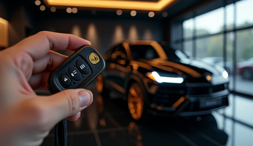 A hyperrealistic, ultra-detailed shot of a man’s hand firmly holding a Lamborghini Urus key fob with black carbon fiber and gold accents, positioned in the foreground. The background showcases a sharp, crystal-clear Lamborghini Urus in pure black, with its LED headlights turned on, standing inside a modern, luxurious showroom with high-end lighting and reflective black tiled flooring. The car and the key fob are both in sharp focus, ensuring no background blur, creating a striking and premium effect. The Lamborghini emblem is clearly visible on both the key and the car. The studio lighting highlights the glossy paint and gold wheels, emphasizing a high-end, cinematic look."