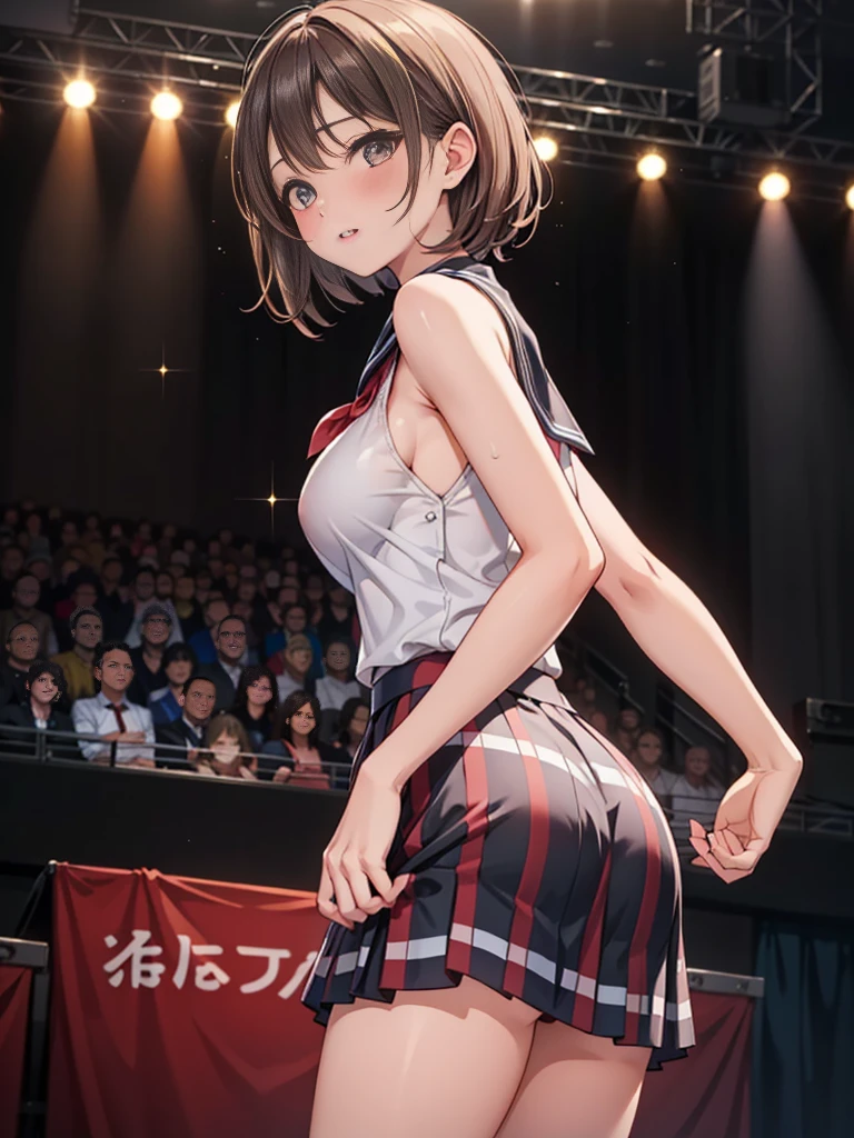Masterpiece, best quality, 1 girl, young girl, brown eyes, short hair, happy smile, shiny skin, (beautiful leg line: 1.3), thin waist, huge breasts
break
School uniform, tie, (pencil skirt), high heels
break
Park, crowd, depth of field, looking at the audience, crouching, from the front, upper body, legs up