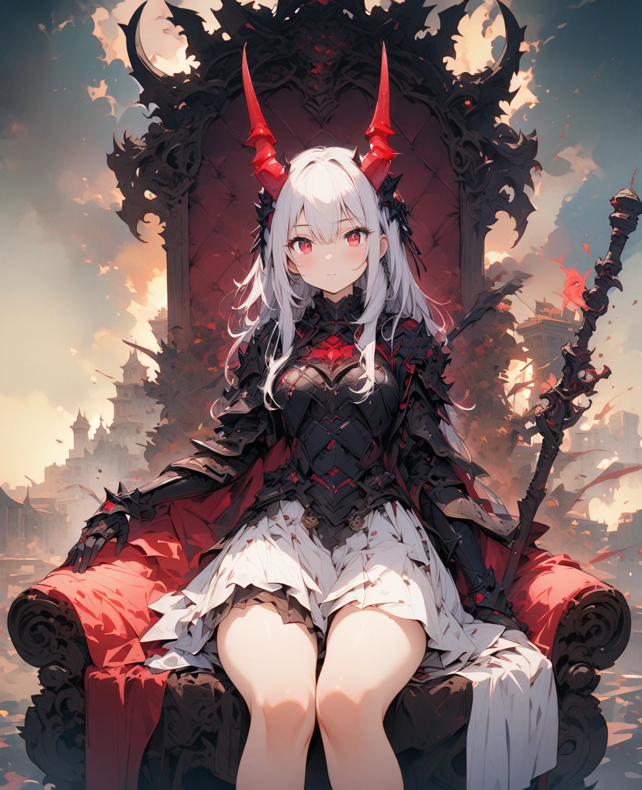 Girl with white hair and black stockings sitting on top of a mountain, demon anime girl, Raised sexy， gothic maiden，Black night sky，Huge red full moon in the center of canvas，Magical fantasy，Hat
