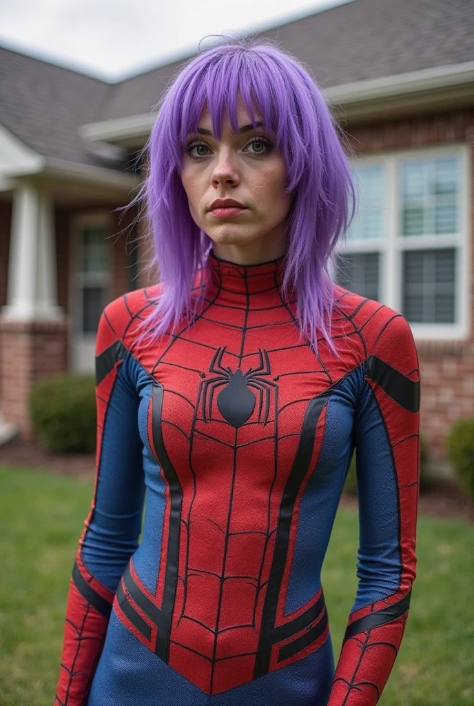 A beautiful girl with spiderman suit, gorgeous girl, purple Hair, blue eyes, Beautiful eyes, red lips, Beautiful face, cute face, wearing spiderman suit,Medium breast size, standing, Amazing suits, Suit's Texture details, Highly detailed, Spider-Girl, best quality, Amazing spider-Girl, Sci-fi, Realistic, Hyper realistic, Masterpiece, 8k