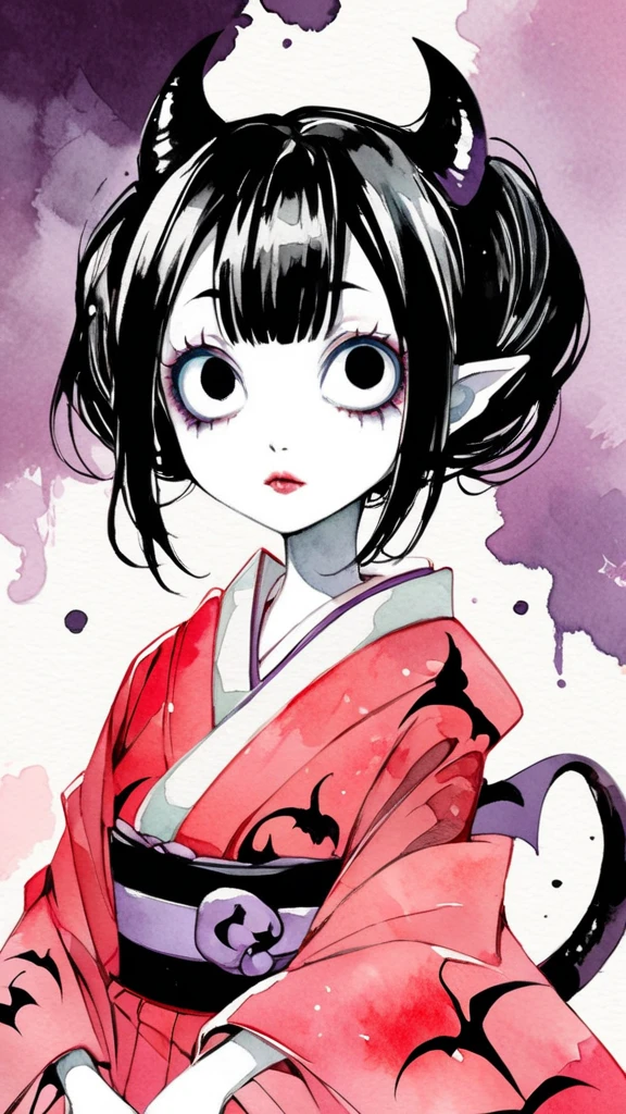 (Chiaki), (1 girl:1.2), alone, Hime cut,Traditional Japanese Clothing, red eyes,cartoon style, Joe Fenton, expressionless black and white photo, camp, not appropriate, Nibble, envy, Gust (lovecraft author),Calm, soft smile, wayne barlow,, in gochuumon wa usagi desu ka? style, nostalgic