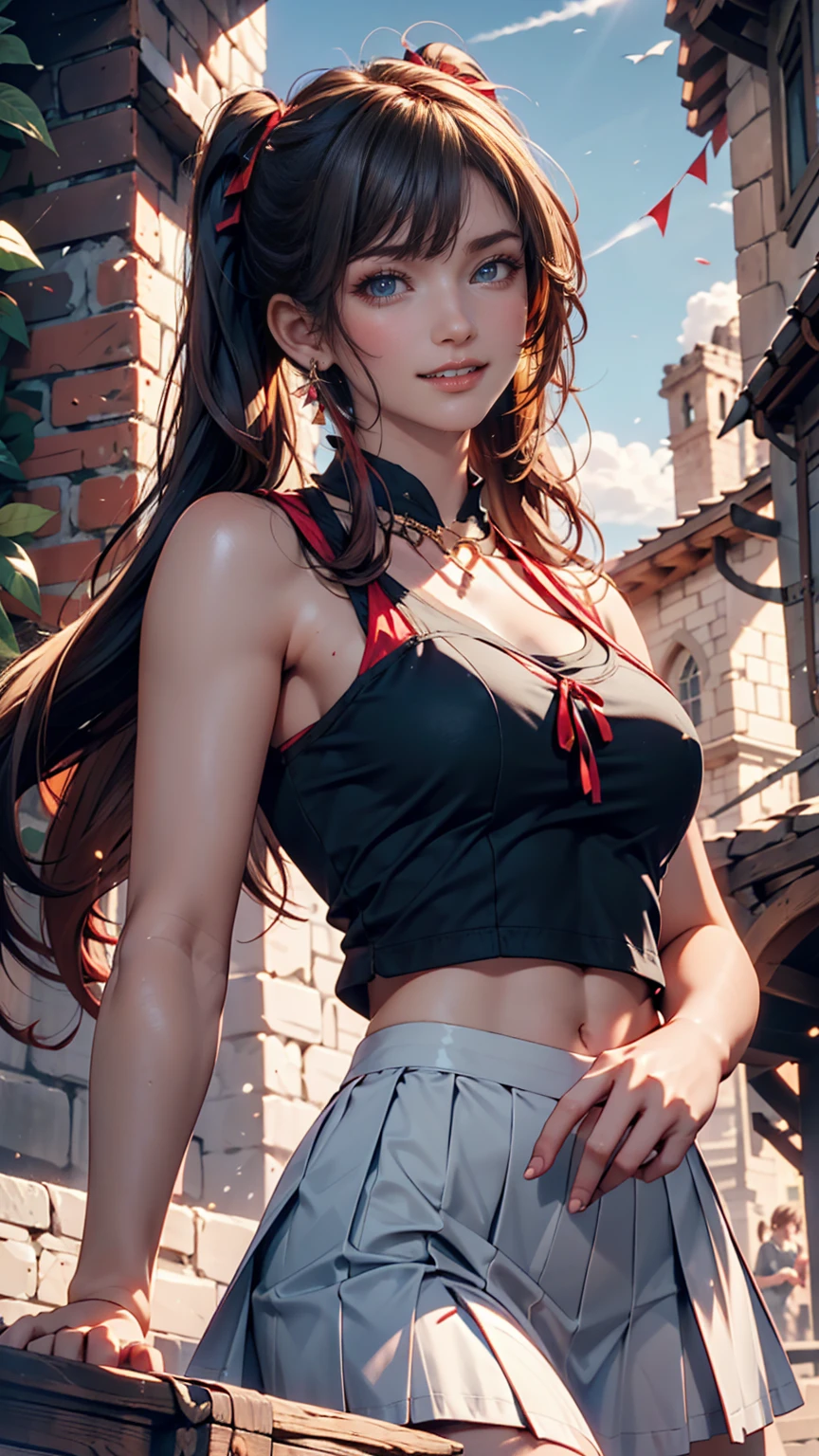 Rin Tohsaka, her face flushed very excited, fully body, work of art, top quality picture, super resolution, High definition, 4K, full hd, well defined and detailed image in the smallest details, she is wearing a red sleeveless blouse that shows off her belly and navel and her shoulders with long black sleeves, beige vest with a collar in the style of fine sportswear and a red bow tie, her breasts are exposed in a small cleavage, a sexy, short black skirt makes her even sexier, brown thigh high socks, with two black bows on top of her head, she is standing looking at the viewer playing with a lock of her hair, on the school terrace