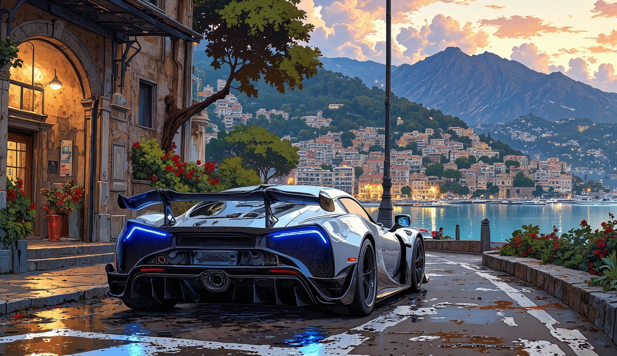 A cutting-edge German hypercar dominates the Monaco streets, its precision-engineered carbon-fiber monocoque sculpted for aerodynamics and performance. The liquid-metal silver body shimmers under the Mediterranean sun, accentuating its sharp yet refined contours. Its aggressive stance is further enhanced by an active suspension system that adapts instantly to the road’s demands. Ultra-thin, laser-powered LED headlights pierce through the evening haze, casting an icy blue glow.
The rear engine bay, enclosed under a heat-resistant sapphire glass cover, houses a state-of-the-art quad-turbocharged V8 hybrid powertrain, seamlessly blending raw combustion power with high-performance electric motors. The titanium exhaust tips, precision-milled for optimal airflow, glow faintly with residual heat, while an intelligent active aero system adjusts the rear wing and air vents in real-time.
The hypercar’s butterfly doors lift effortlessly, revealing an interior that merges race-bred minimalism with futuristic luxury. The cockpit is wrapped in hand-stitched Nappa leather and carbon fiber, while a curved OLED display seamlessly integrates AI-powered navigation and telemetry. A holographic HUD projects real-time performance data, while the Formula 1-inspired steering wheel features precision-milled titanium paddle shifters for ultimate control.
Monaco’s harbor gleams with luxury yachts as the evening skyline reflects off the hypercar’s sculpted body. The forged magnesium wheels, wrapped in high-performance tires, grip the pavement as the car readies to launch down the Riviera’s winding coastal roads. With a deep, electrified growl, it surges forward, its hybrid system delivering instant torque, the exhaust note echoing between the cliffs and the endless azure sea.