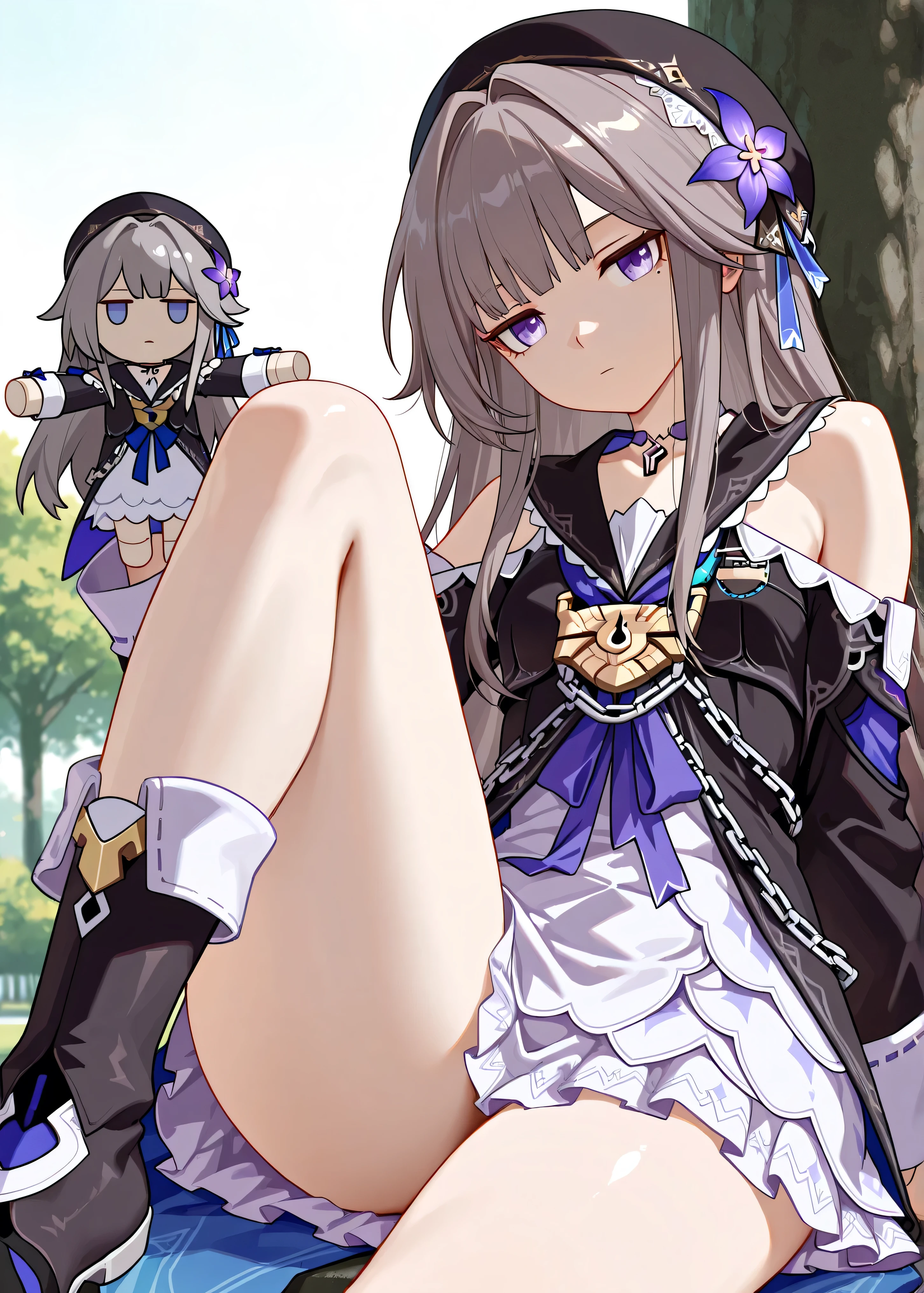 (hyper extreme detailed),(masterpeace),(hyper extreme),(photorealistic),CG,1man,1girl, outdoors, <lora:Valentines_Reward:1> ajax, red eyes, puple hair, black beret, white shirt, black high west skirt, pantyhose, boot,belt,black gloves,
