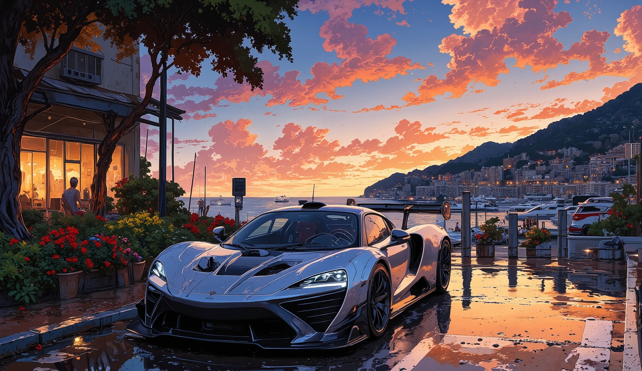 A cutting-edge German hypercar dominates the Monaco streets, its precision-engineered carbon-fiber monocoque sculpted for aerodynamics and performance. The liquid-metal silver body shimmers under the Mediterranean sun, accentuating its sharp yet refined contours. Its aggressive stance is further enhanced by an active suspension system that adapts instantly to the road’s demands. Ultra-thin, laser-powered LED headlights pierce through the evening haze, casting an icy blue glow.
The rear engine bay, enclosed under a heat-resistant sapphire glass cover, houses a state-of-the-art quad-turbocharged V8 hybrid powertrain, seamlessly blending raw combustion power with high-performance electric motors. The titanium exhaust tips, precision-milled for optimal airflow, glow faintly with residual heat, while an intelligent active aero system adjusts the rear wing and air vents in real-time.
The hypercar’s butterfly doors lift effortlessly, revealing an interior that merges race-bred minimalism with futuristic luxury. The cockpit is wrapped in hand-stitched Nappa leather and carbon fiber, while a curved OLED display seamlessly integrates AI-powered navigation and telemetry. A holographic HUD projects real-time performance data, while the Formula 1-inspired steering wheel features precision-milled titanium paddle shifters for ultimate control.
Monaco’s harbor gleams with luxury yachts as the evening skyline reflects off the hypercar’s sculpted body. The forged magnesium wheels, wrapped in high-performance tires, grip the pavement as the car readies to launch down the Riviera’s winding coastal roads. With a deep, electrified growl, it surges forward, its hybrid system delivering instant torque, the exhaust note echoing between the cliffs and the endless azure sea.