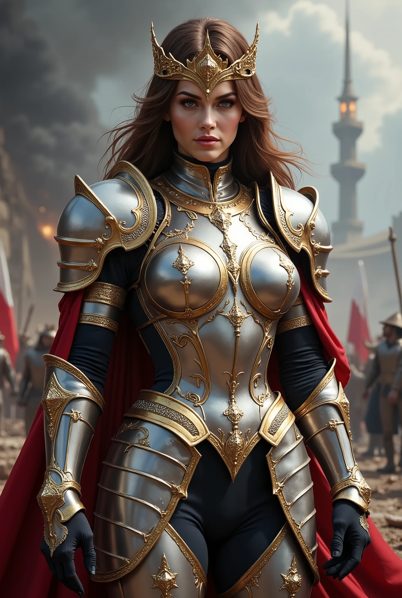 (8K, ultra detailed, realistic style: 1.3), anime warrior woman, long wavy brown hair, with a determined and powerful look, intense blue eyes. He wears a full suit of armor with gold and white details., decorated with intricate medieval and gothic style patterns, In addition to a red cape fluttering in the wind. The armor has a shiny, polished appearance., highlighting his noble and heroic status. He wears a golden tiara on his head that reflects authority and strength.. The background shows a dark sky filled with smoke and debris in the air., giving the impression of a recent battle or being on the battlefield. The atmosphere is epic, transmitting leadership and courage.