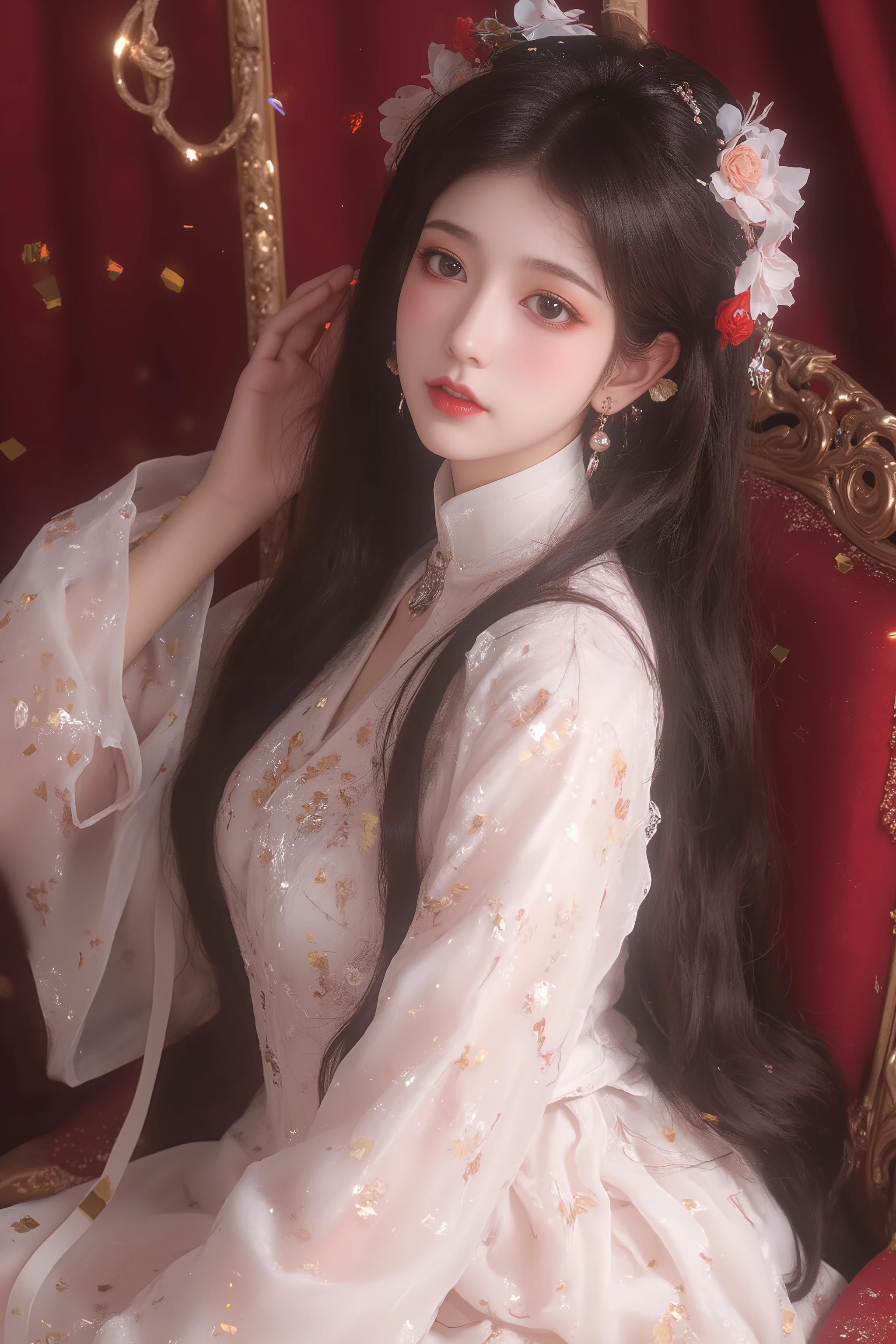 best quality, ultra-detailed, cinematic lighting, ribbons, big top sleeves, incredibly absurdres, indoor, chair, curtain, black hair, crossed bangs, black eyes, long hair, huge breasts
