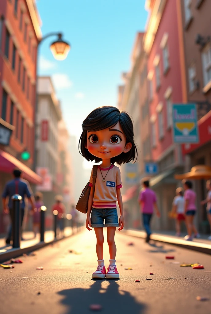 A town young big girl wearing specs and tied hair in a ponytail wearing white tshirt and blue mini skirt. Her classmates see her in amazed faces