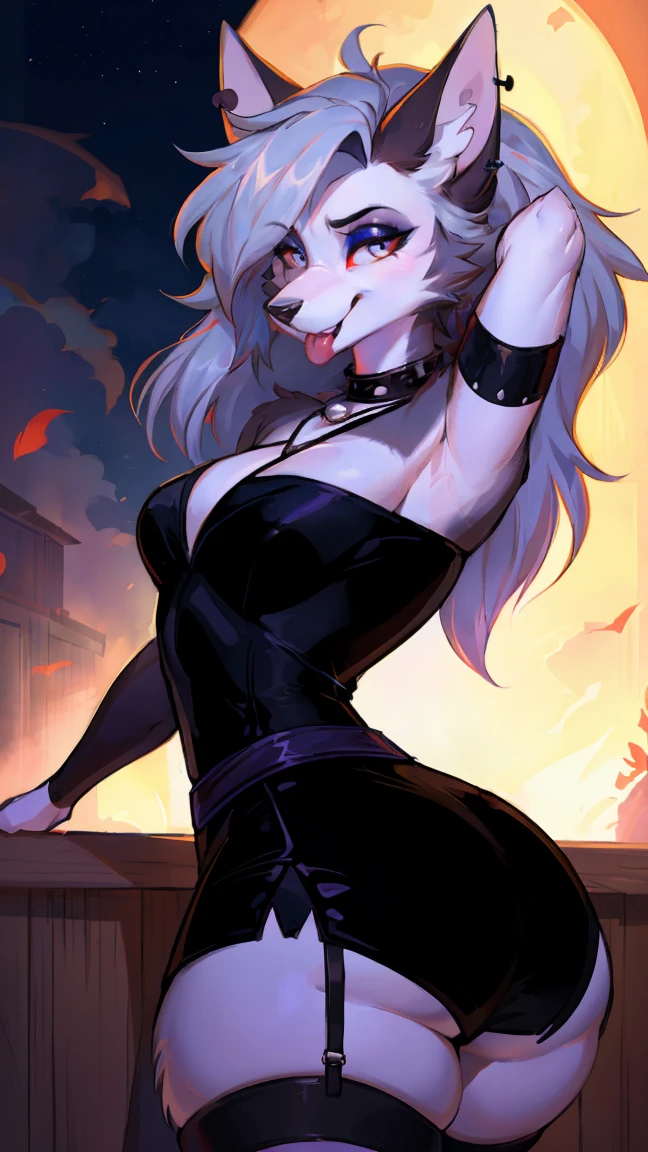 ((ultra quality)), ((tmasterpiece)), loona, The Wolf Girl, Furry Wolf, ((White, hairlong)), ((there are only wolf ears, black)), ((there is a wolf fluffy white tail at the back of the back)), (Beautiful cute face), (beautiful female lips), Charming, (beautiful wolf nose), ((sexy facial expressions)), looks at the camera and smiles tenderly, eyes are slightly closed, (Skin color: white), (White Skin Skin), Body glare, ((detailed beautiful female eyes)), ((red-eyes)), (juicy female lips), (beautiful female hands), ((perfect female figure)), perfect female body, Beautiful waist, nice feet, Beautiful feet, black claws, gorgeous big thighs, Beautiful medium breasts, ((Subtle and beautiful)), seductively worth it (seen from behind), (wearing black shorts, black ripped top pentagram star neckline, black choker with spikes) background: hell, fire, Everything is on fire, ((Depth of field)), ((high quality clear image)), (crisp details), ((higly detailed)), Realistic, Professional Photo Session, ((Clear Focus)), the anime, NSFW