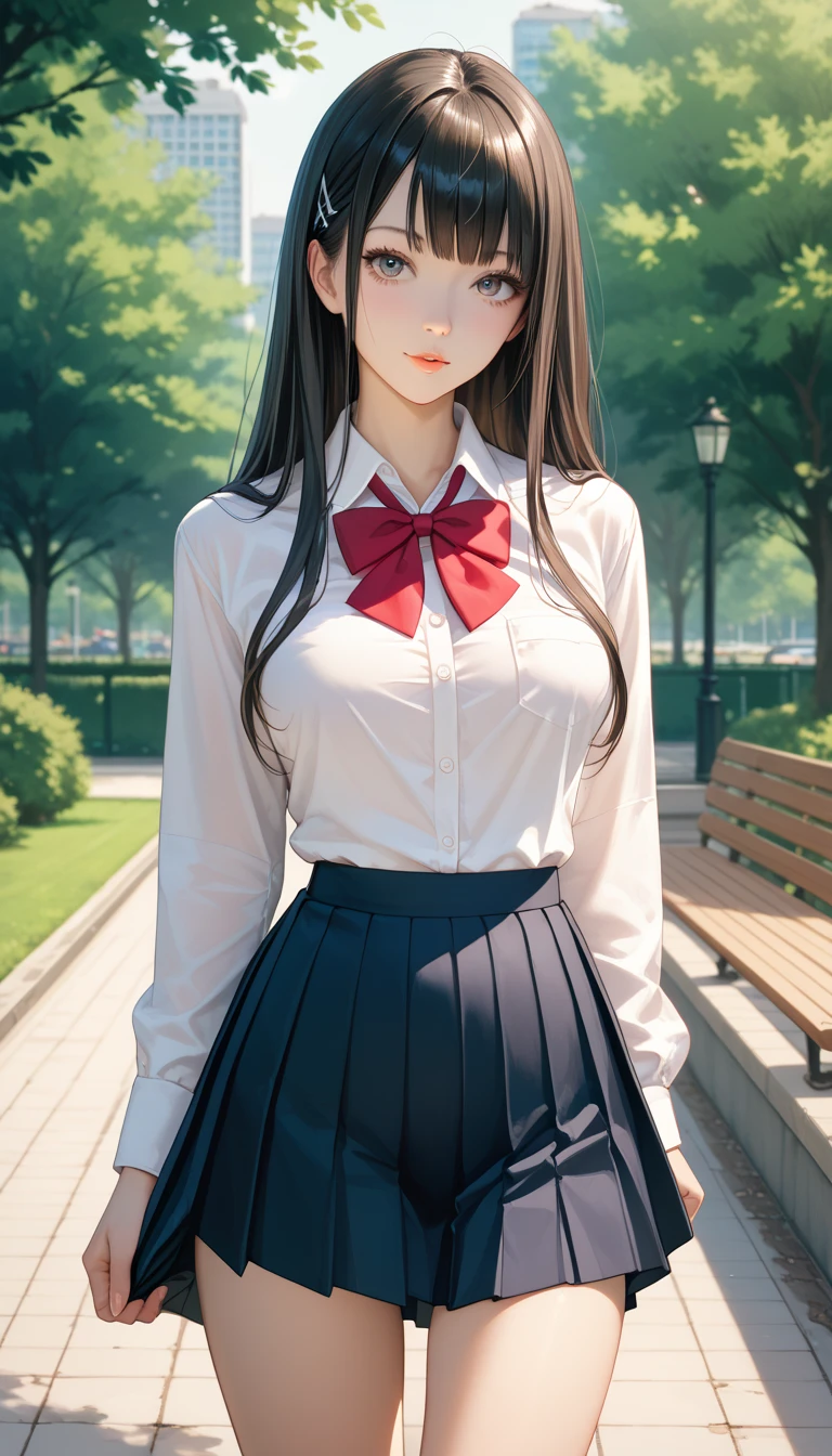 (masterpiece:1.2, top-quality), (realistic, photorealistic:1.4), beautiful illustration, 
looking at viewer, full body, front view:0.6, 
1 girl, japanese, high school girl, (long hair:1.5, ponytail:1.5, silver hair), bangs, hair between eye, blue eyes, large breasts:0.8, 
beautiful hair, beautiful face, beautiful detailed eyes, beautiful clavicle, beautiful body, beautiful breasts, beautiful thighs, beautiful legs, 
(beautiful scenery), , school,
((collared shirt, white shirt, pleated skirt, red bow tie, red hair ribbon)), white panties, 
(standing, spread legs, peace sign), 
smile:1.5, open mouth,