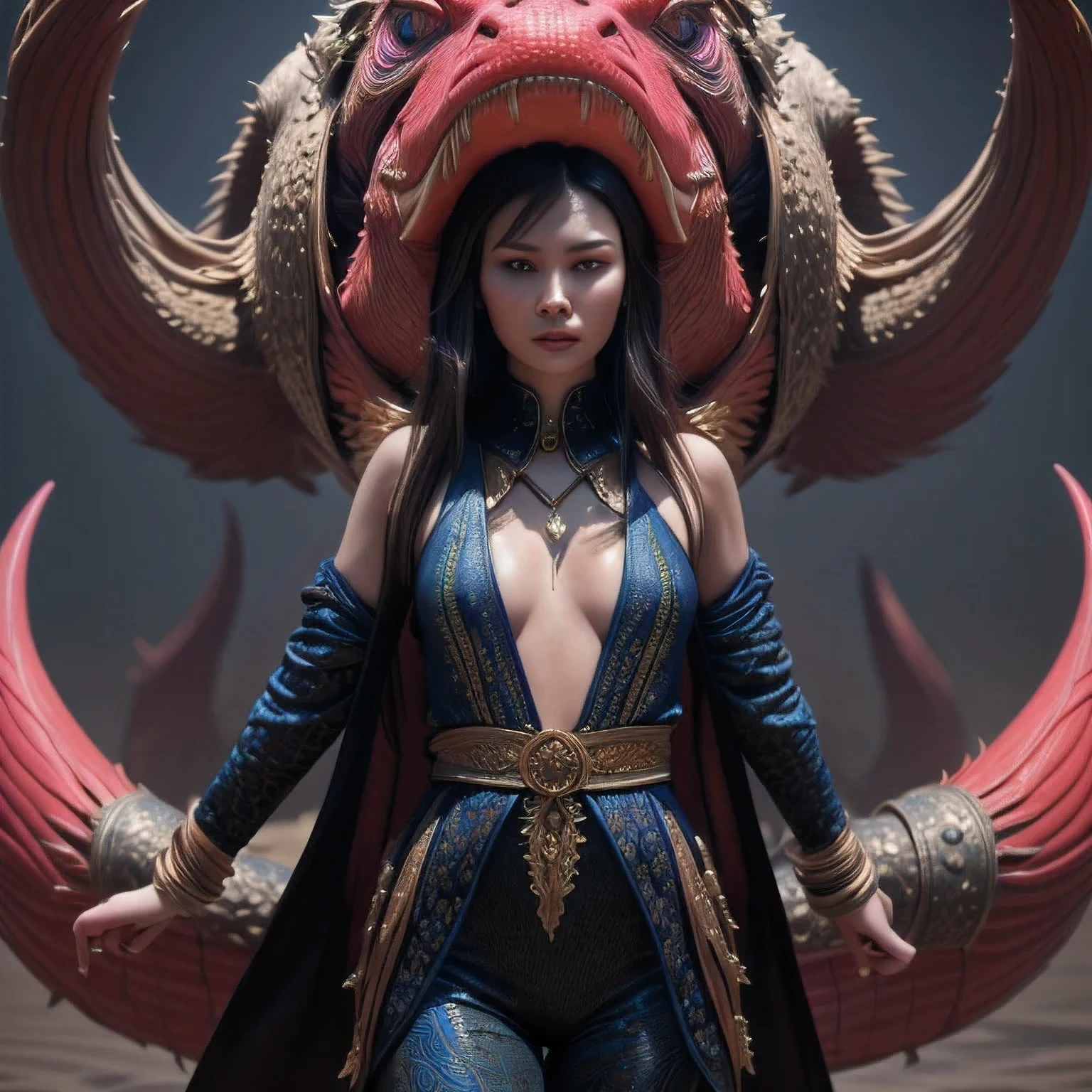 (close_up:1.2), (half_body:1.2), armor, black_hair, dragon, monster, open_mouth, sharp_teeth, teeth k-pop korean pitch_black hair pretty (large_breasts:1.3) (busty:1.3) (1girl:1.3) long_hair in red oriental dress with natural (make_up:1.3) dancing with a (dragon:1.2). Full body,holding_weapon, sword. Hyper realistic, Best quality, masterpiece, ultra high res, (photorealistic:2.0), raw photo, sharp focus, HDR, detailed skin.  <lora:wuxia2:1.0>