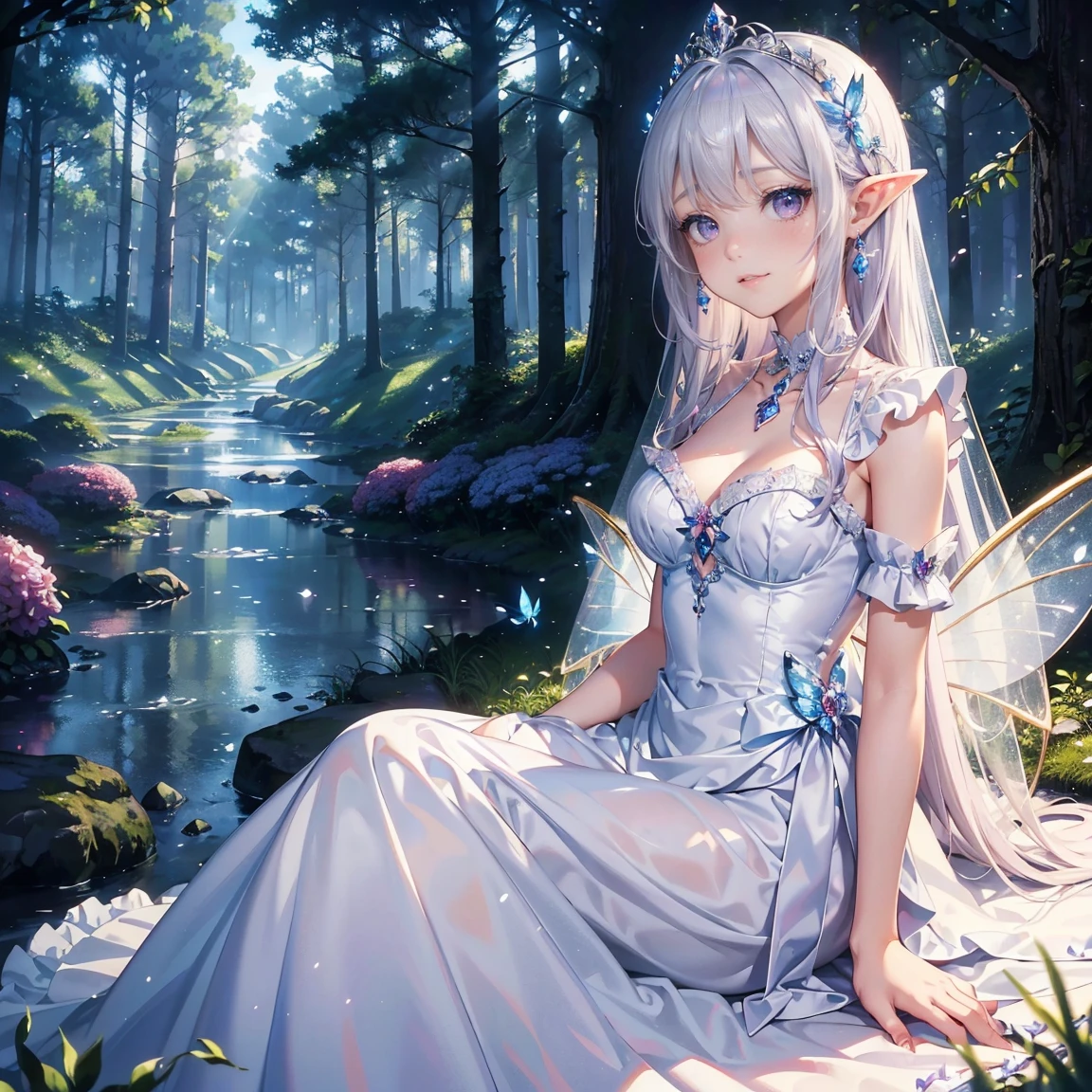 Close-up macro 2D rendering animation,A white fairy,With transparent wings and long golden hair,Sitting on top of white roses in the garden。Rose flower with many petals,in full bloom。The background is a lush green garden,There are more roses and plants。The image has an anime style,With maximum detail and high definition。Overall image illuminated by sunny morning light。