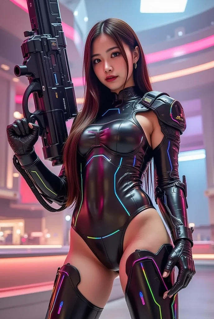 (Perfect masterpiece: 1.5), (Best quality: 1.3), a Chinese girl, age 28, wearing a one-piece latex suit, black transparent chest, standing with legs apart, holding a huge sci-fi sniper rifle, smiling, delicate makeup, perfect face, photo material,