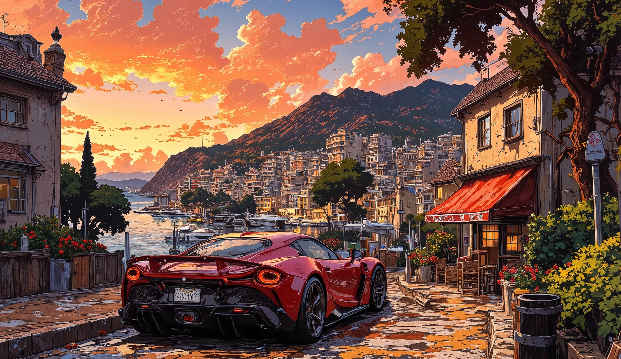 A handcrafted Italian hypercar sits elegantly on the streets of Monaco, its sculpted carbon-fiber body glistening under the warm Mediterranean sun. The hypercar’s deep crimson paint shimmers with a pearlescent glow, accentuating its aggressive yet graceful curves. Delicate gold engravings trace along the interior, highlighting the precision craftsmanship of its custom leather and Alcantara cockpit.
Through the transparent engine cover, a roaring naturally aspirated V16 is visible, its golden exhaust manifold glowing faintly from the heat. Razor-sharp LED headlights pierce through the soft evening haze, while its lightweight titanium wheels, wrapped in ultra-low-profile tires, reflect the neon city lights. The hypercar’s butterfly doors are slightly ajar, revealing an advanced digital cockpit with holographic speedometers and a diamond-encrusted gear selector.
In the background, Monaco’s shimmering coastline stretches toward the horizon, with luxurious yachts docked in the harbor. The distant hum of high-performance engines and soft ocean waves blend into an atmosphere of exclusivity and speed. As the sun sets, the hypercar’s active aerodynamics subtly shift, preparing for another breathtaking drive along the winding roads of the French Riviera