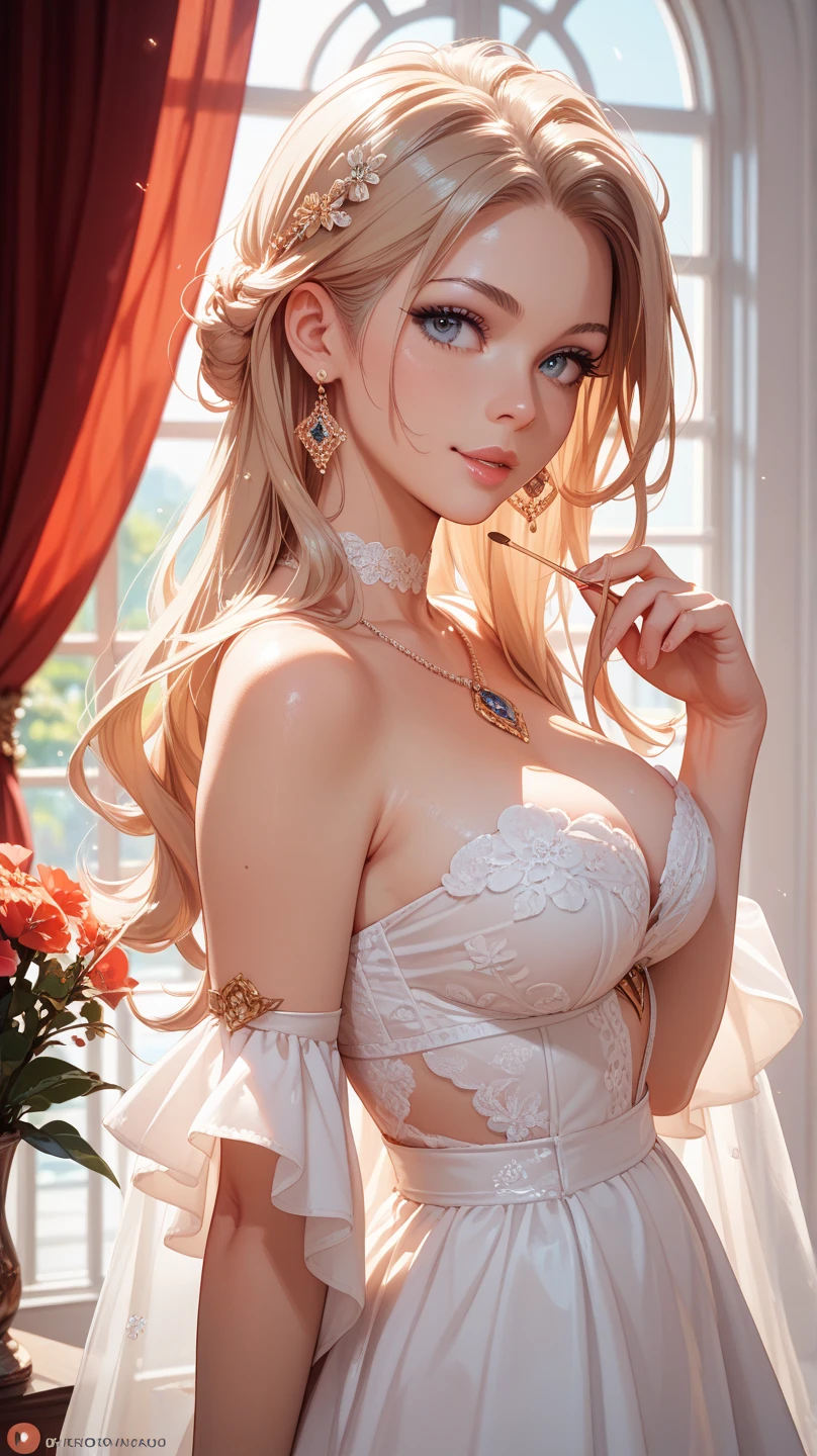 style of anime,extremely high resolution,A masterpiece,Frame background,front poses,Evil smile,blond hairbl,cute female child,Lori huge breasts cleavage,White dress,Dusk-like filter,White cap,The dressing room has red edge satin,cute little face,half lidded eye,Place one hand on your chest,There are red flower ornaments on the chest,Bleak filter,Spooky background,Two-dimensional girl,Calm atmosphere