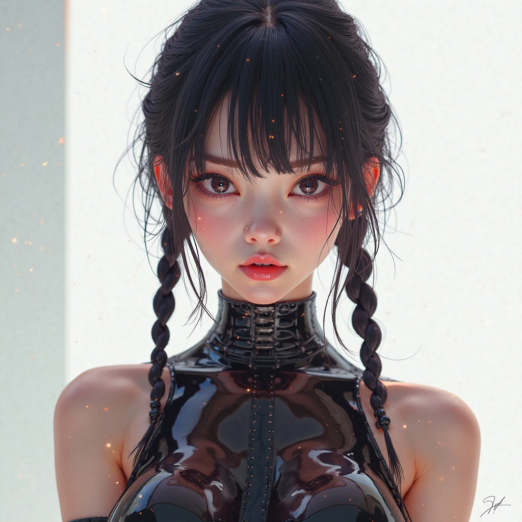 a asian beauty, cabelos preto e longos, dense, Handheld spray bottle type products, white collar, Surreal scenarios, Spray into your own hair, black hair, color contact lenses, tachi-e, Sony FE GM, Surrealism, Minimalism, stereogram