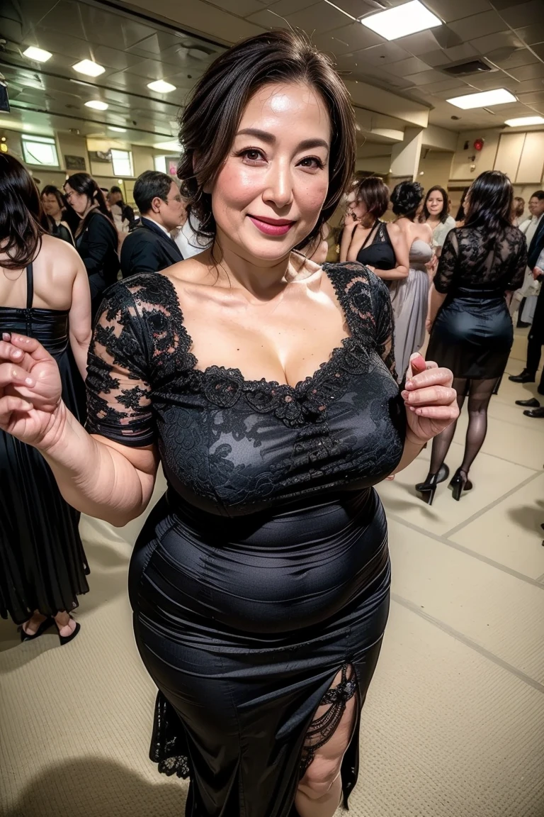 Beautiful and mature 55 year old Japanese woman, Married women, ring, Fine Lines, Long eyelashes, Low Ponytail, Red lipstick, Cleavage, Pearl Necklace, Bodycon Costumes, Dancing in a club,