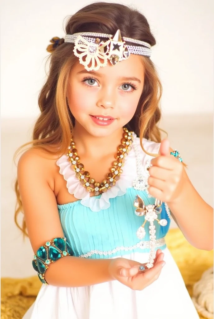 1 girl 8 years old, only, Longhaired, пухлые lips, lace yellow crop top наивnoseть,smile Look at the viewer, blond curly hair, bare shoulders, blue eyes, драгоценnoseти, The whole body, NECKLACE, from the shoulder, Pull, lips, realistic, nose, Flirting with a naked camera,  8 K (masterpiece), ((top quality)), (super detailed) sticking out long tongue 

