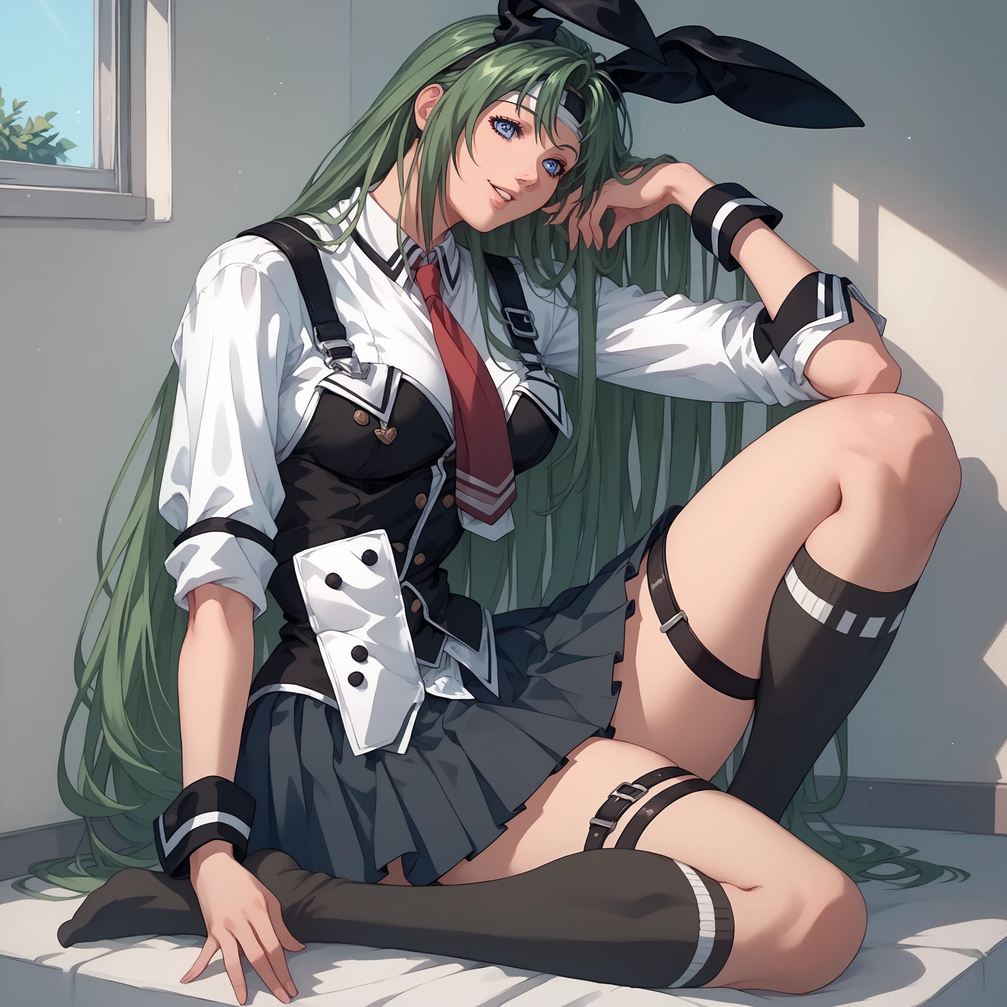 1girl, looking_at_viewer, solo, highres, masterpiece, school uniform,  outdoors, cherry blossoms,  <lora:cc_locon_v1a:0.7>, c.c., green hair,  black and white vertical striped thighhighs,  <lora:stripedthighhighs:0.5>