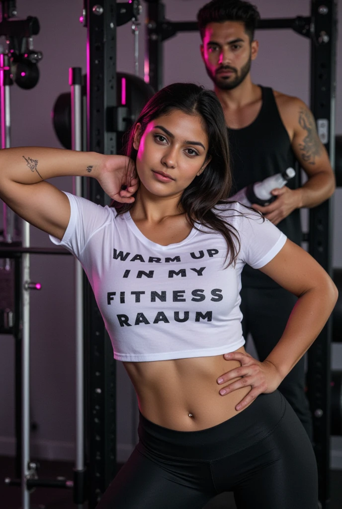 RAW photo, face portrait photo of beautiful 23 y.o Indian woman with, cute face, big boobs, boobs size, 38 inches wearing red crop top and black short length sports, happy face, hard shadows, cinematic shot, dramatic lighting, in a gym on treadmill