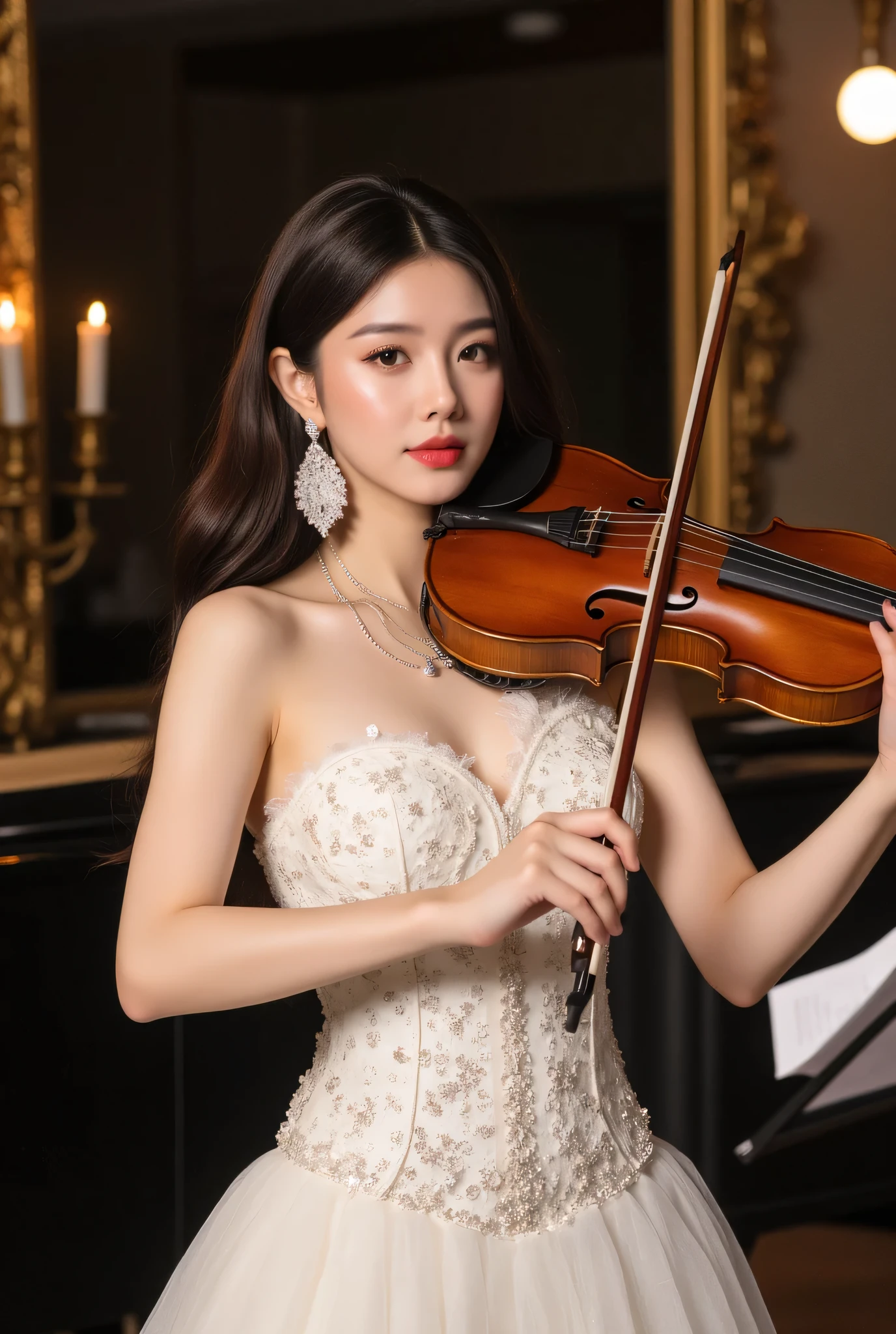 (Best Quality:1.2), (high resolution:1.2), (beautiful face and eye:1.2), (sharpest focus:1.2), (Ultra-realistic Photo:1.2), (Ultra-precise Photo:1.2), (Depth of field:1.2), (8k high resolution:1.2), (perfect anatomy:1.2), (nice eyes:1.5), (perfect eyes:1.5), (nice lips:1.5), (perfect lips:1.5),(nice body:1.5),(perfect body:1.5),(small breasts), (Very young and masculine and dignified and beautiful Chinese female:1.5), (Beautiful noble woman:1.0), (wearing black garment with fancy embroidery:1.0), (A gentle smile:1.3), (Playing a violin), (A secluded place deep in the mountains of China:1.0), (A mysterious fairyland:1.2), (dragons gathered to listen to the sound of the violin:1.3), (Looking up angle:1.0),