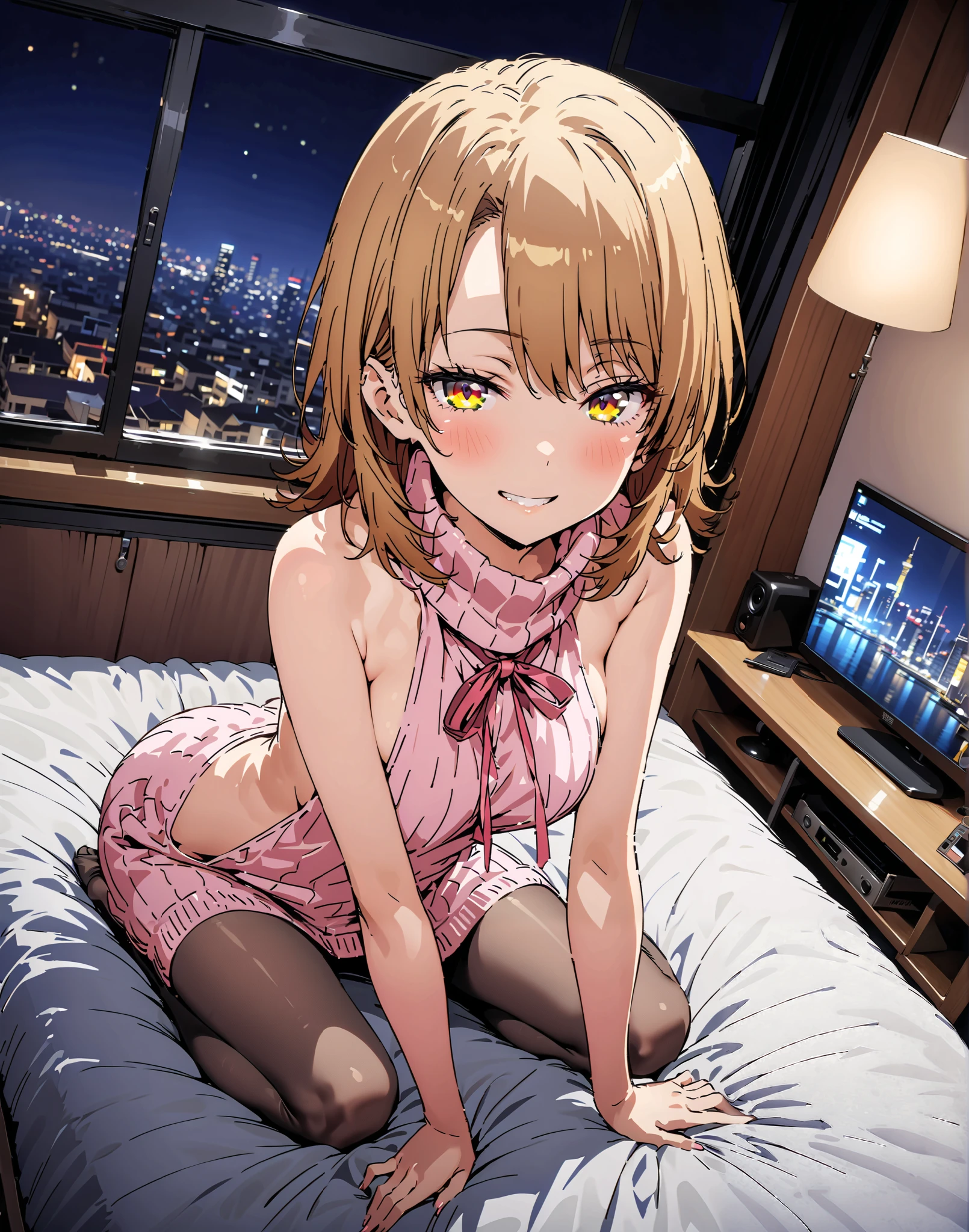Irohaisshiki, Isshiki Iroha , short hair, brown hair, brown eyes,blushes,誘惑的なsmile,narrow your eyes, grin ,yellow virgin killer sweater, Naked Sweater, sweater dress, Open back clothing, turtleneck sweater with blush spoken, backless dress, sideboob,Glowing Skin,black pantyhose sitting on bed,Sitting on the bed,interior, beautiful night view with depth,Beautiful cityscape,full bodyがイラストに入るように,break indoors,bedroom,
break looking at viewer,full body,
break (masterpiece:1.2),top quality , kampala, Unity 8K Wallpaper ,(shape:0.8),( fine, beautiful eyes :1.6),It's a person ,full body写真,CG Details , (perfect hands with full nudity,complete anatomy),
indoor, classroom, stand straight , smile,
viewers, cowboy shooting, Dutch angle, Alone,