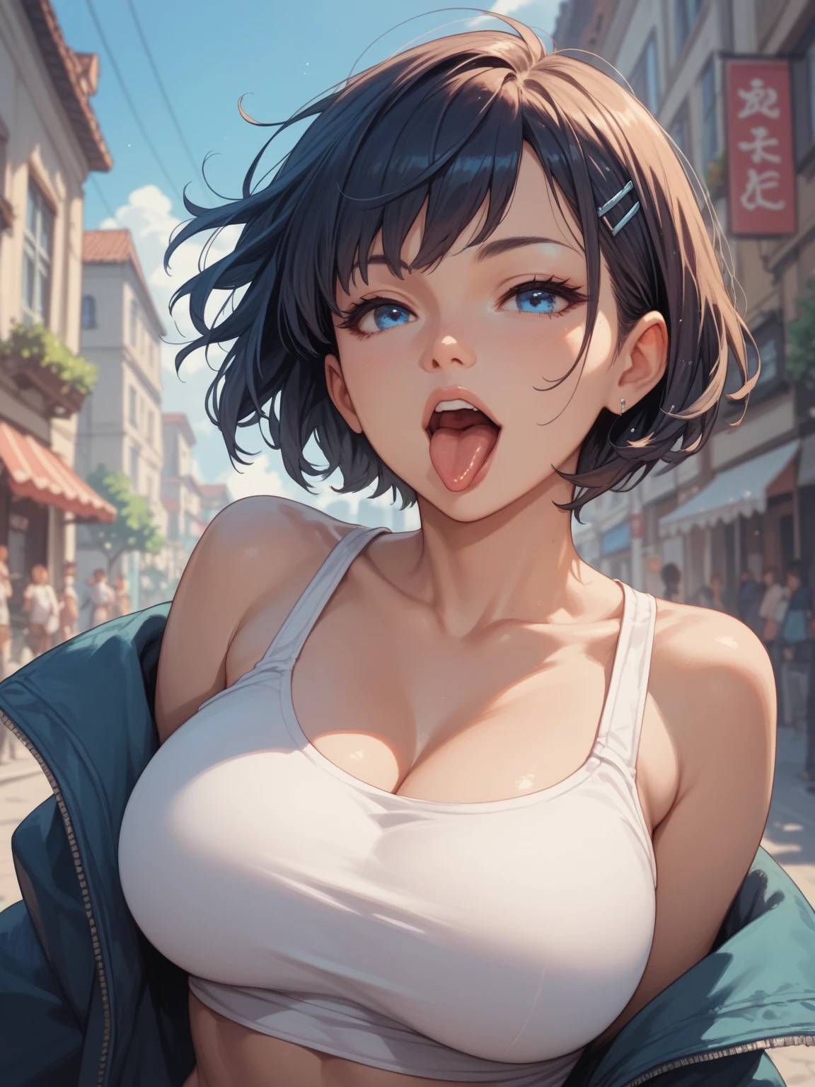 Mom in jeans and turtleneck sweater, (flashing her bra)