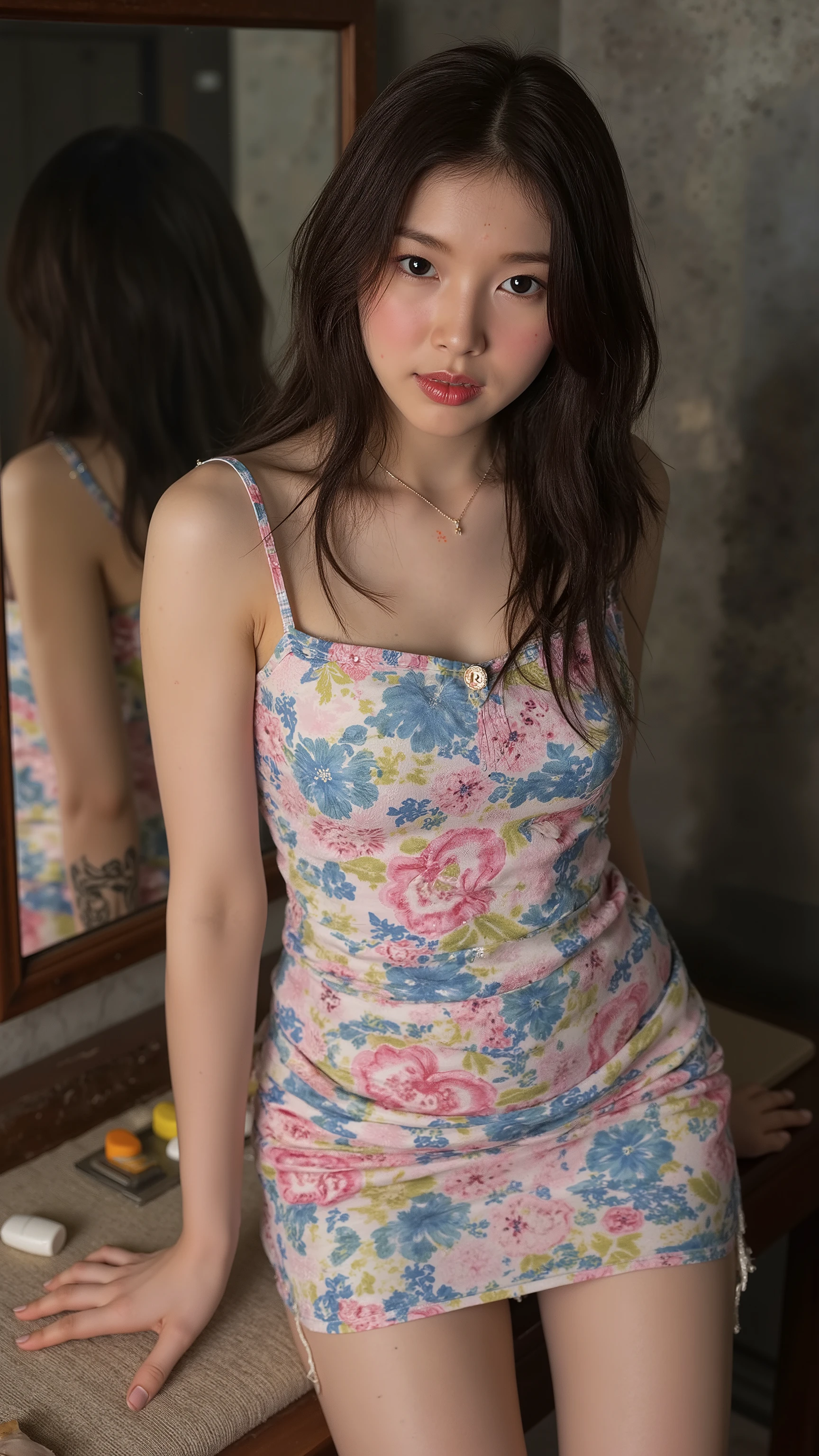 NSFW,
Full-body photo,

A beautiful prostitute doing sex work,
She was the youngest member of the former idol group "Oh My Girl",
Her name is "Arin",
She has fallen into cheap prostitution,
She is wearing a mini dress from her idol days, but it is worn out and dirty,
Her mini dress is worn out and torn in places and looks shabby,
She is very vulgar,
She has many STDs and has many ugly warts and rashes on her skin,
Her STDs are severe,
(She is a drug addict and has injection scars on her arms that have turned into warts),
Dark circles under the eyes,
Her clients are poor people such as beggars and vagrants,
She has sex with multiple male clients at the same time in a dirty room in a rundown hotel in the slums,
Dirty bed,
Dirty and cloudy mirror,
Mirror is chipped,
Cheap furniture,
Room is dimly lit,
There is a dirty syringe,
There are pills,