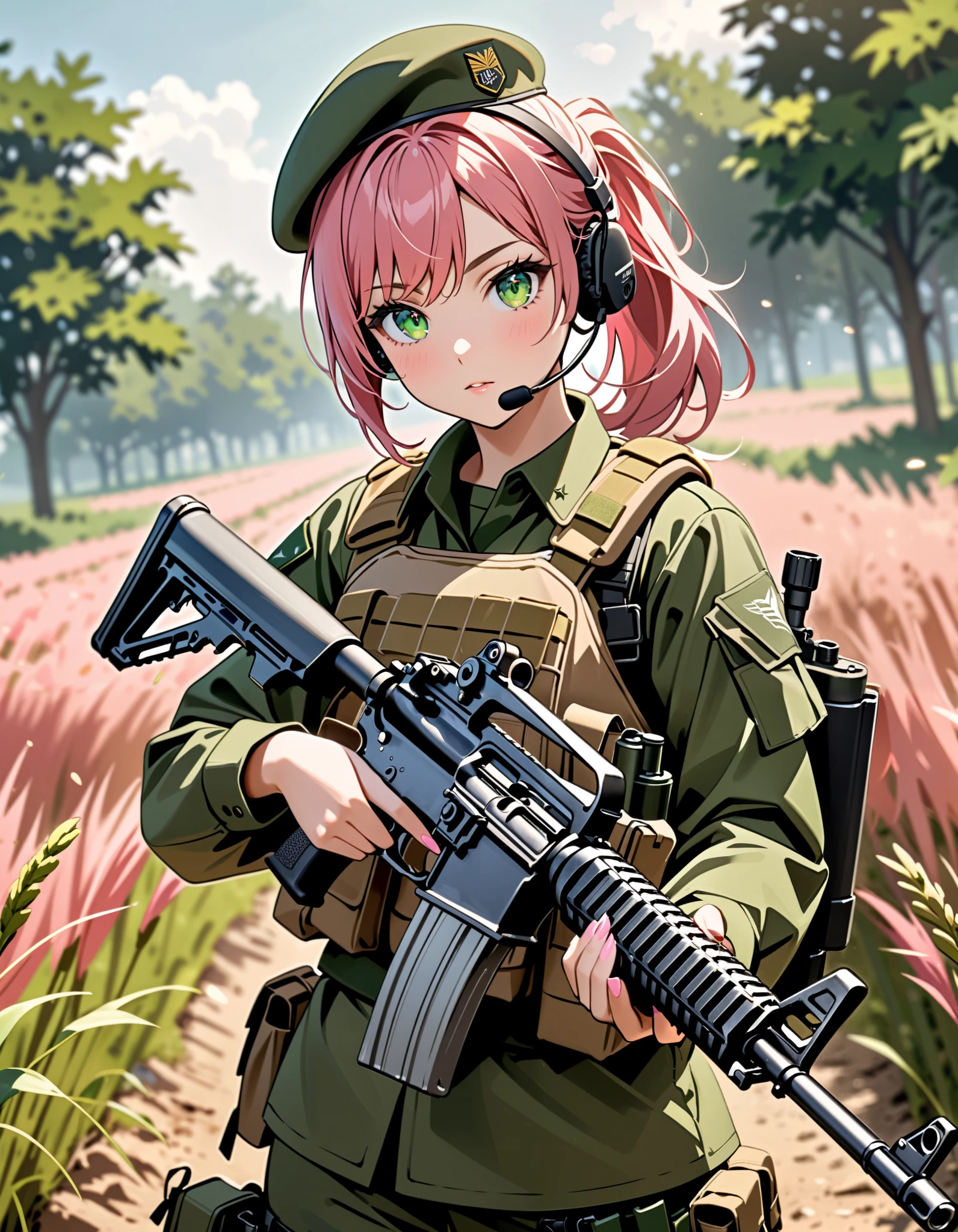 masterpiece, absurdres, highres, newest, solo, solo focus, 1girl, pink hair, short hair, ponytail, green eyes, green uniform, beret, tactical gear, headset, holding m16, c-m16, perfection, perfect gun, very detailed weapon, perfect hand holding weapon, fix hands, looking at viewer, outdoors, depth of field, dutch angle