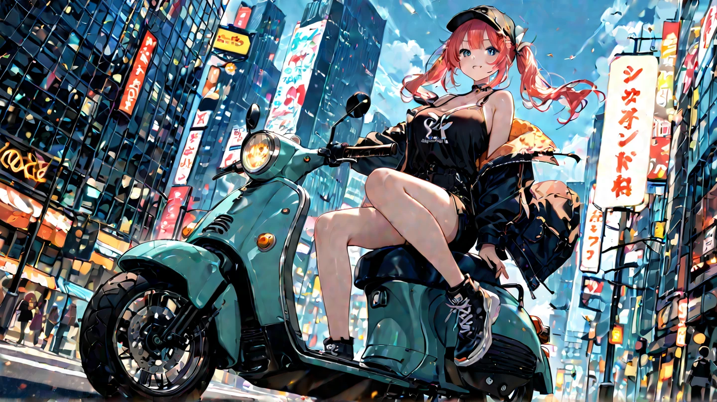 , masterpiece, Highest Quality, Highest Resolution, perfect background, perfect perspective, sharp image, perfect details, perfect lighting, perfect shadows, Perfect lighting, Best background,
anime, riding scooter, 1girl, grabbing, black motor vehicle, ground vehicle, sitting, street, night, moon, dark, tan skin, green eyes, red hair, medium breasts, bikini, high heels,